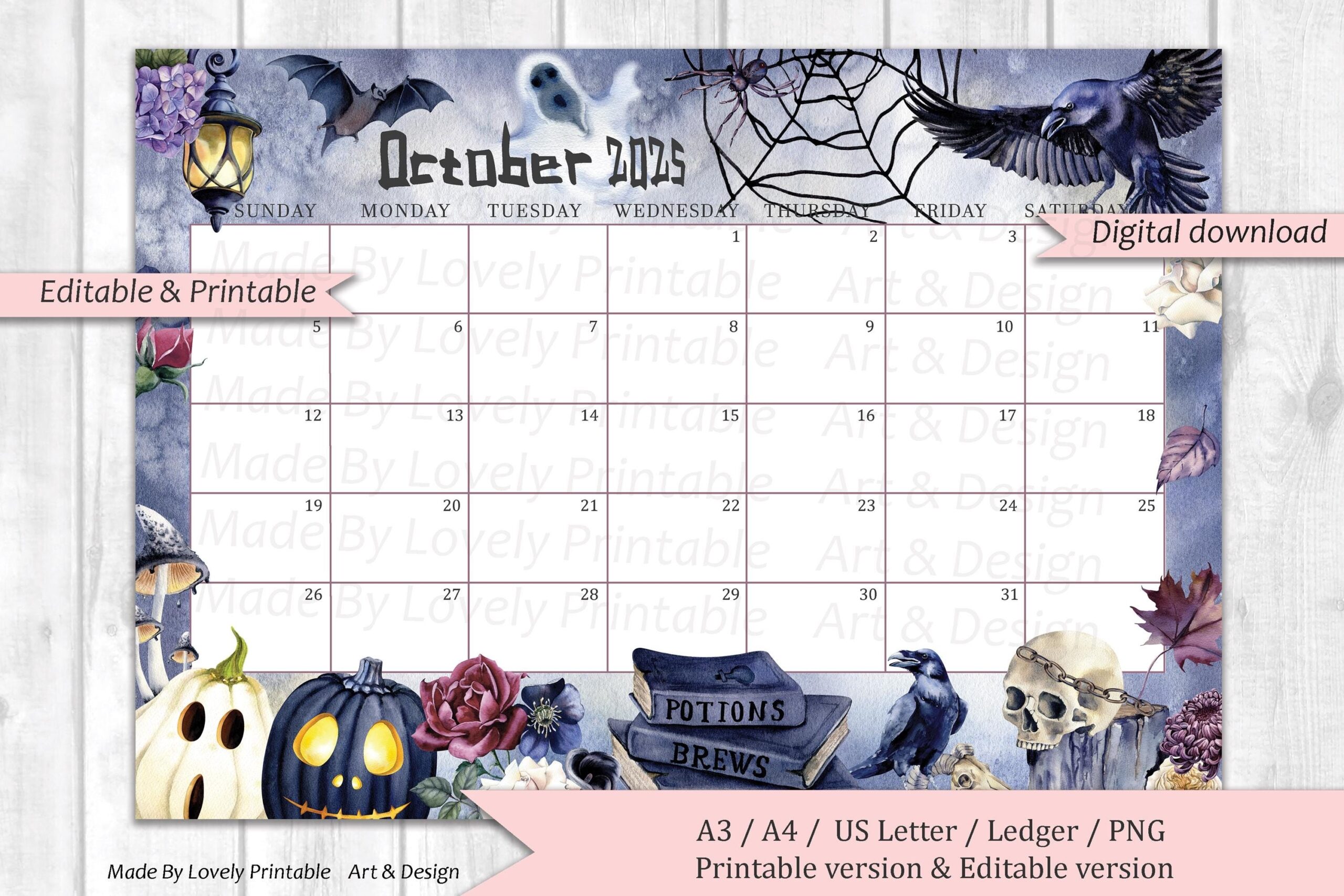 EDITABLE October 2025 Calendar Happy Spooky Halloween 