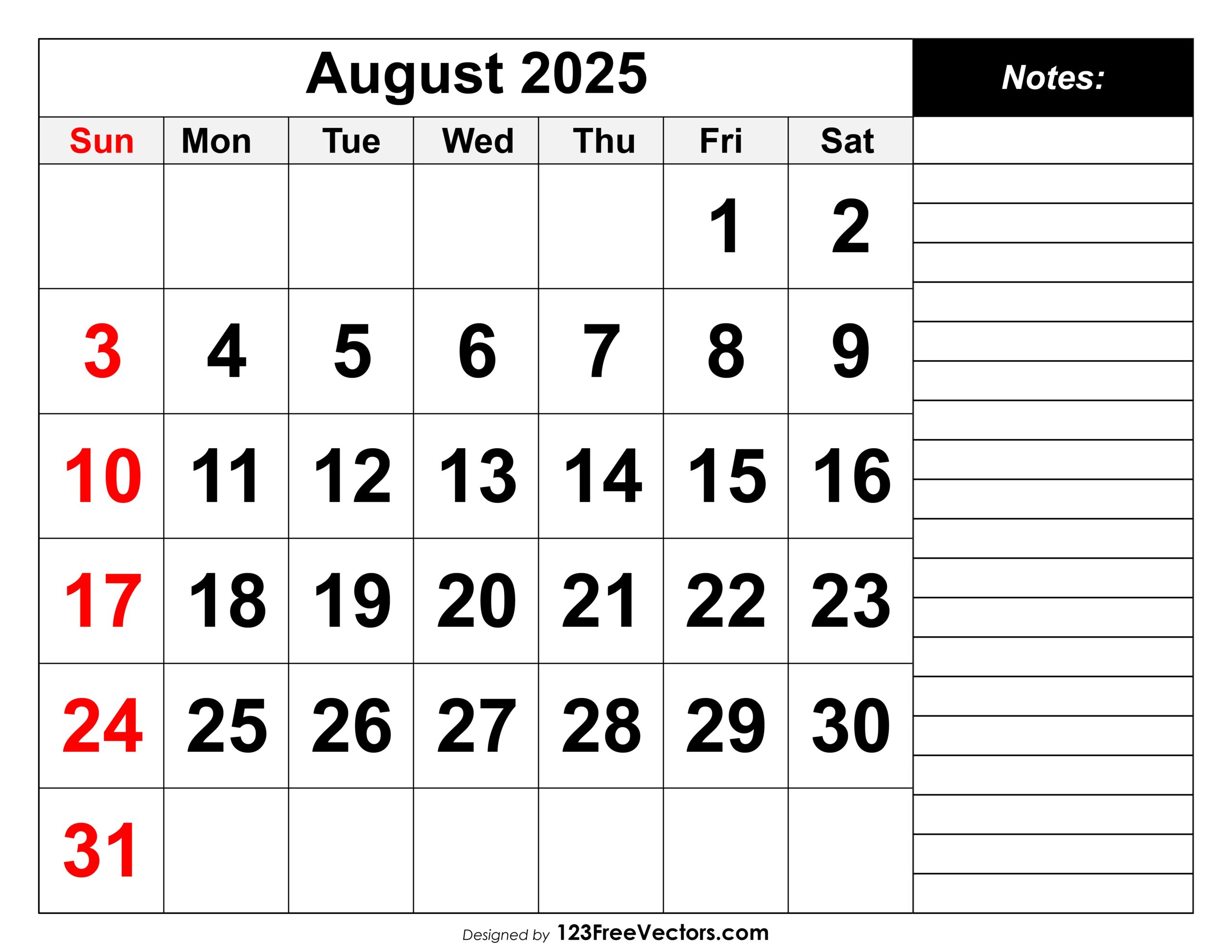 August 2025 Calendar Vector
