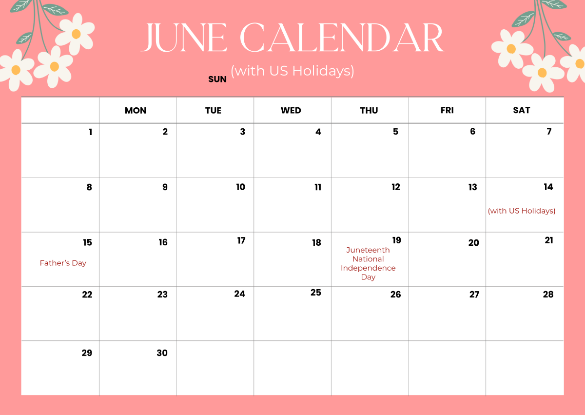 Free June 2025 Calendar With US Holidays Template To Edit Online