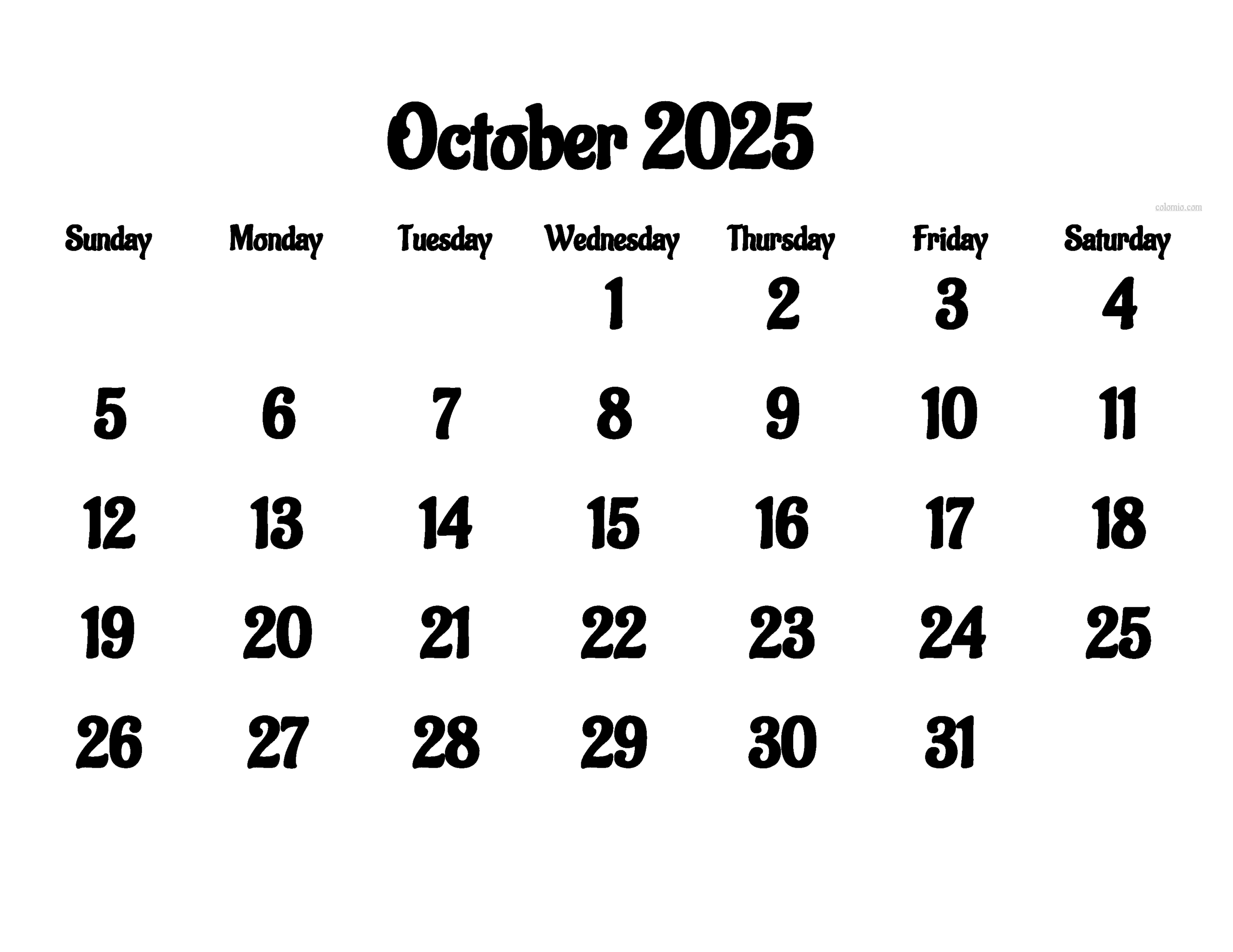 October 2025 Calendar Print