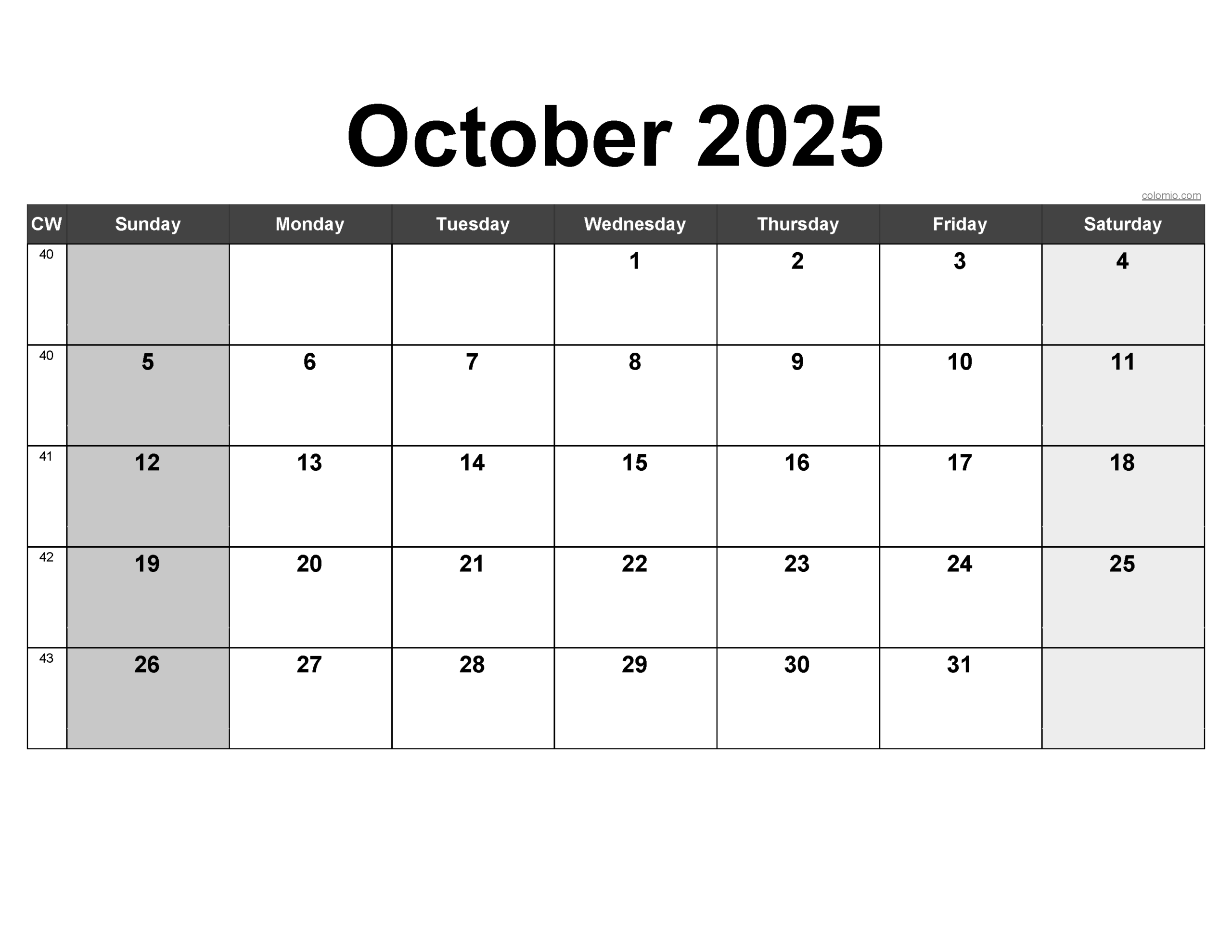 Excel October 2025 Calendar