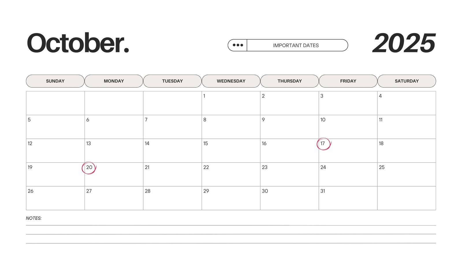 October 2025 Calendar Editable