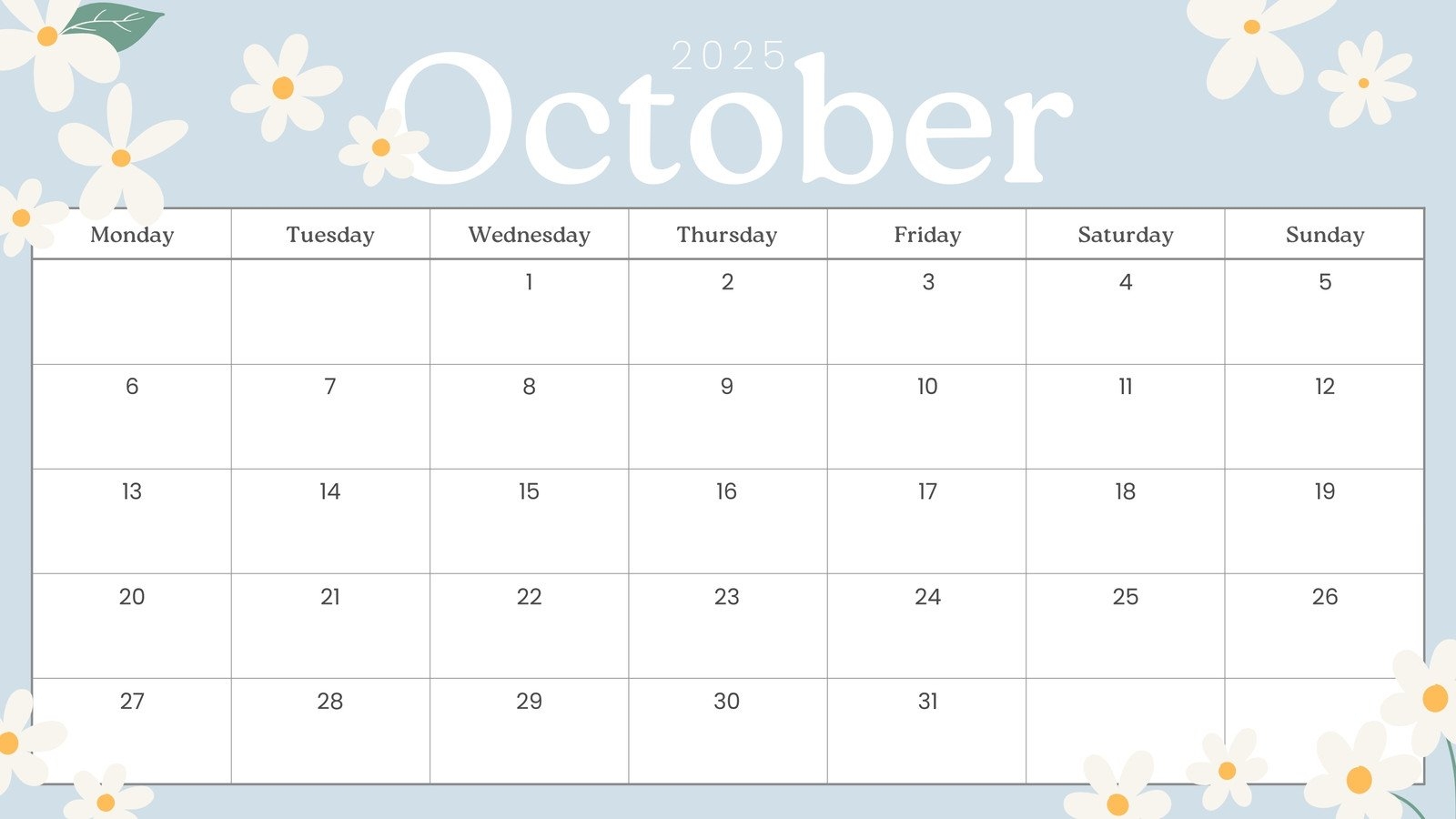 October 2025 Monthly Calendar