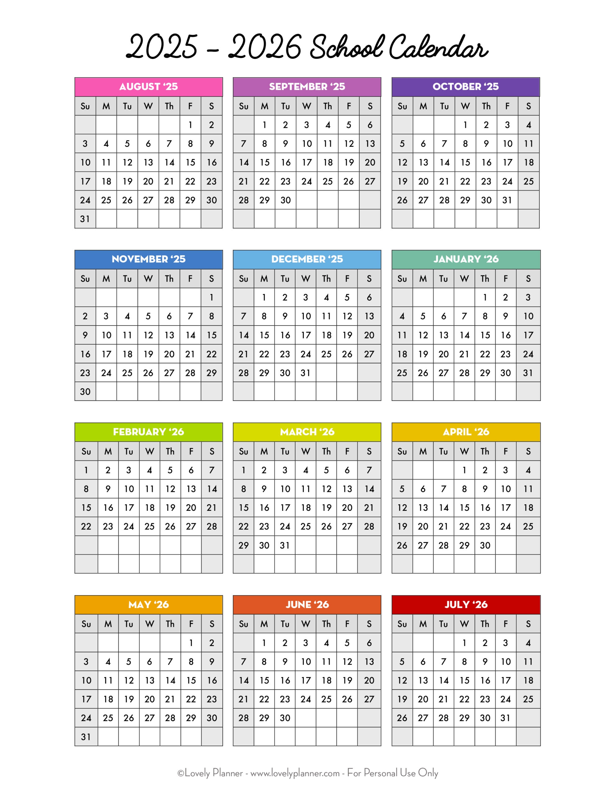 Calendar September 2025 To August 2026
