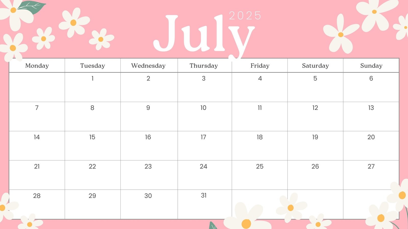 Downloadable July 2025 Calendar