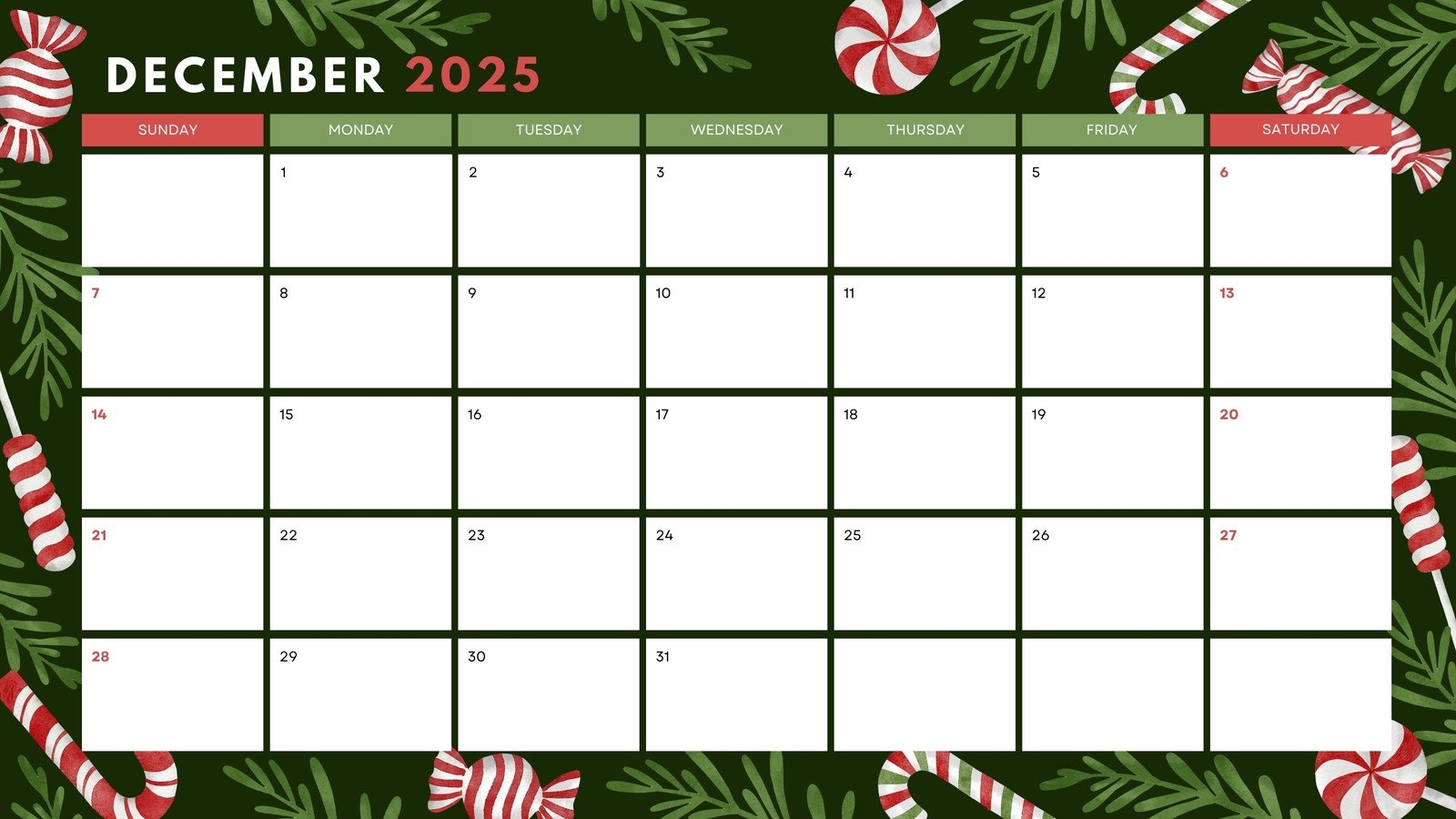 December 2025 Month Calendar