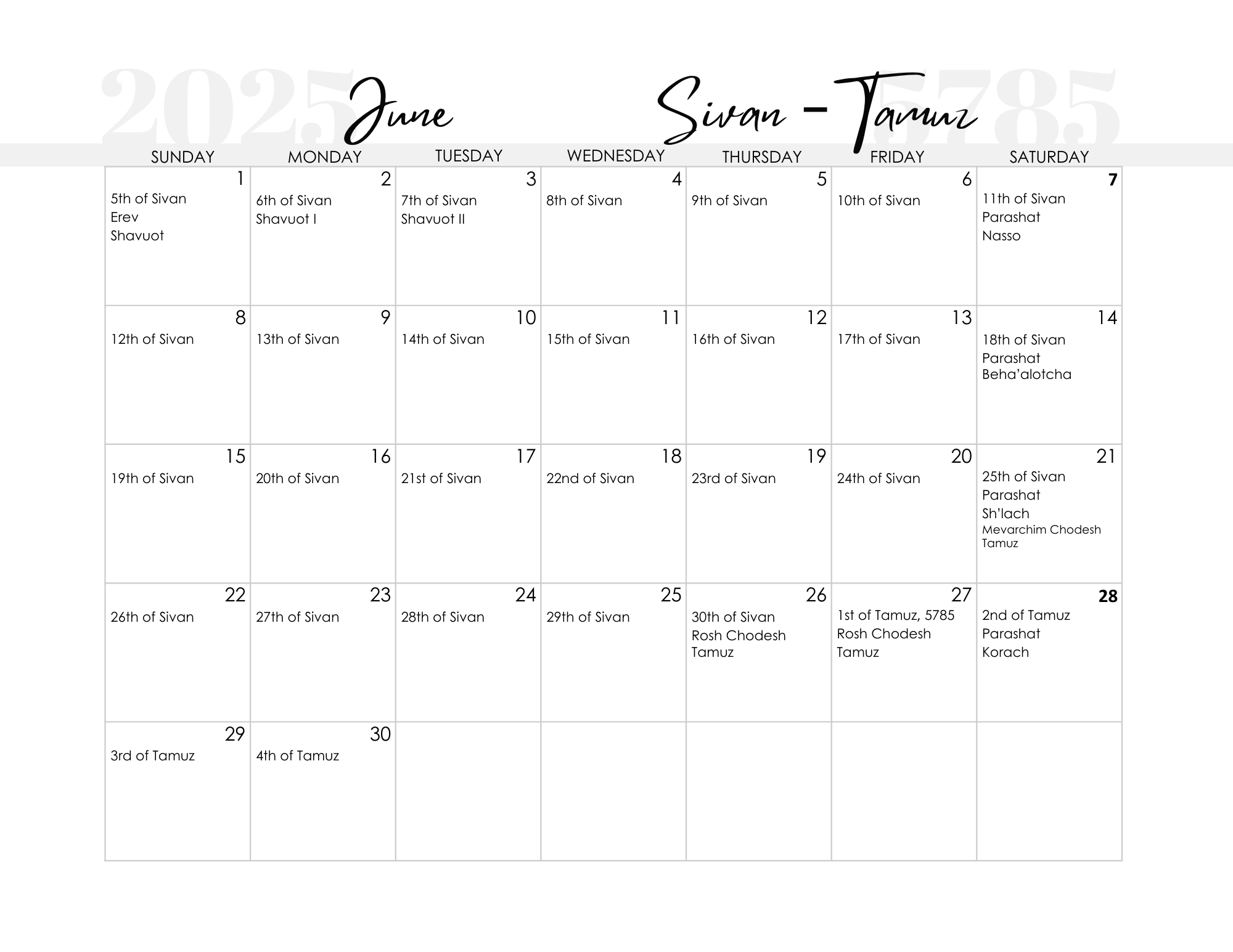 FREE Printable Jewish Calendar 2024 And 2025