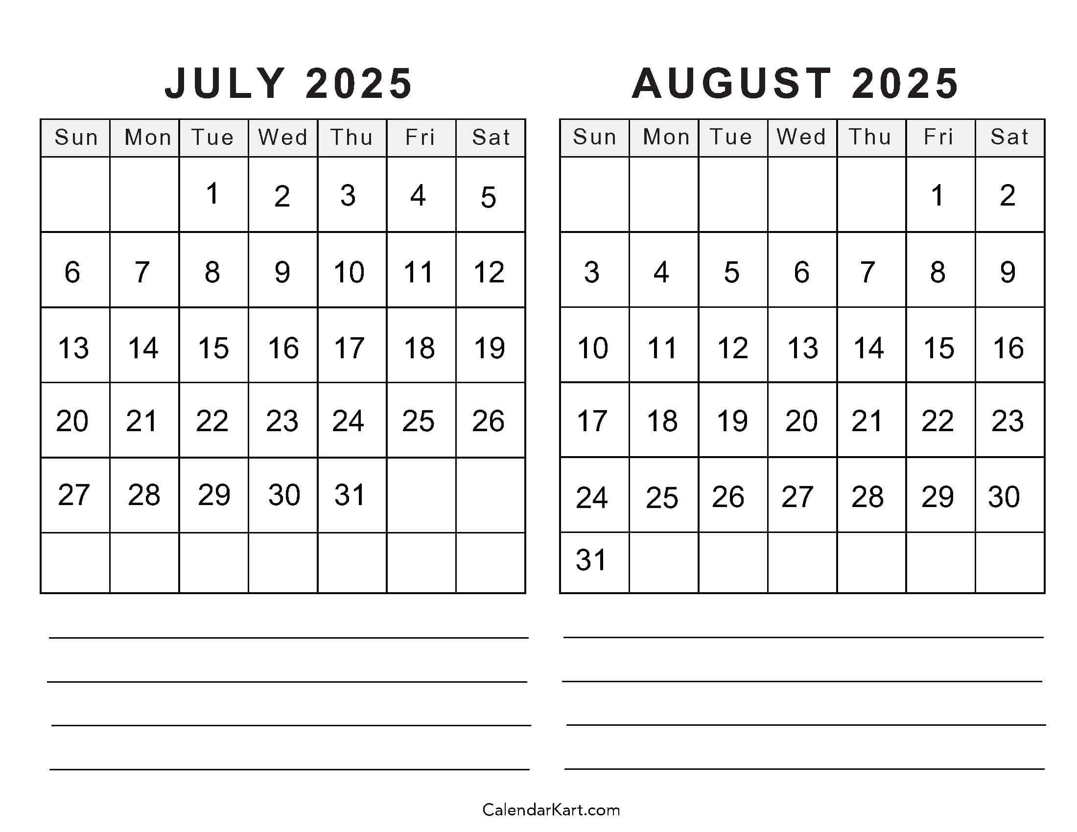 Printable Calendar July - August 2025 Printable Calendar July - August 2025