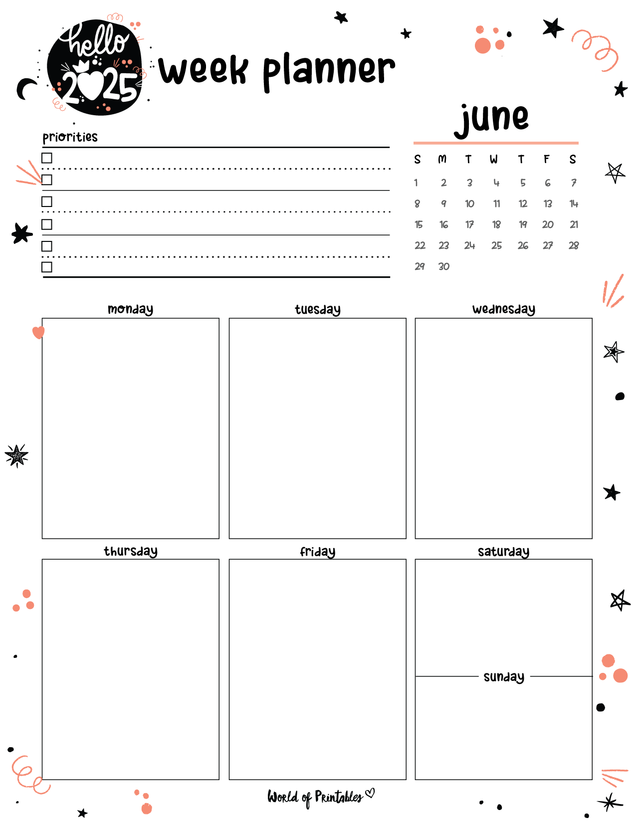 June 2025 Weekly Calendar Printable