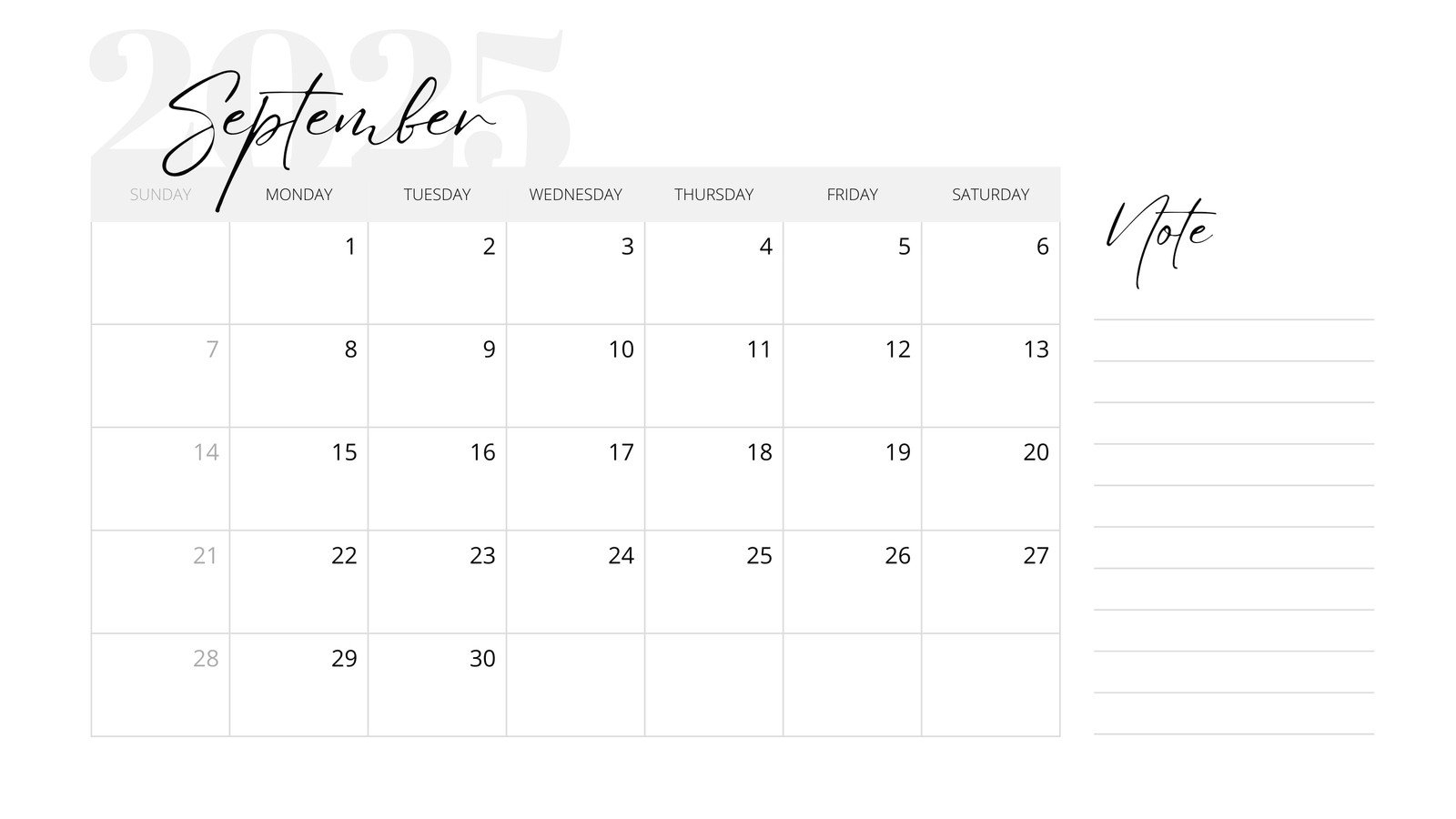 September 2025 Blank Calendar One Page
