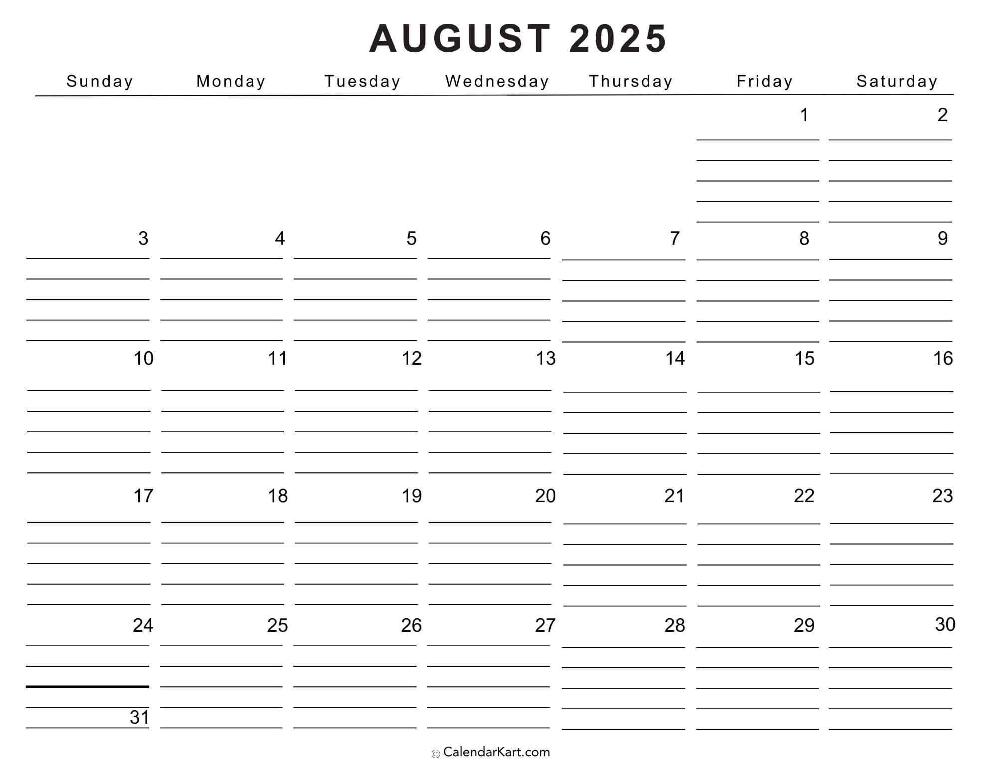 August 2025 Blank Calendar Printable Free