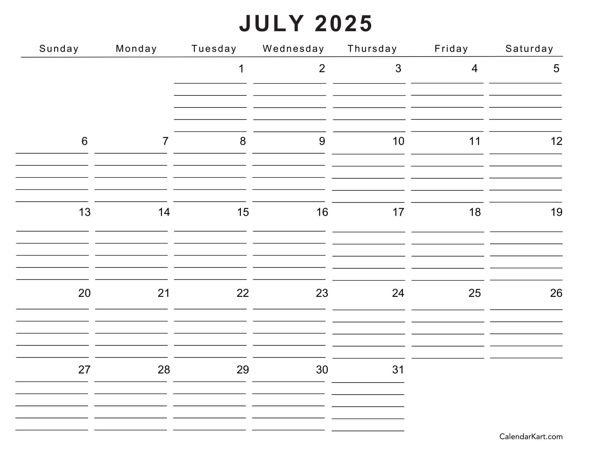 Free Fillable Calendar July 2025