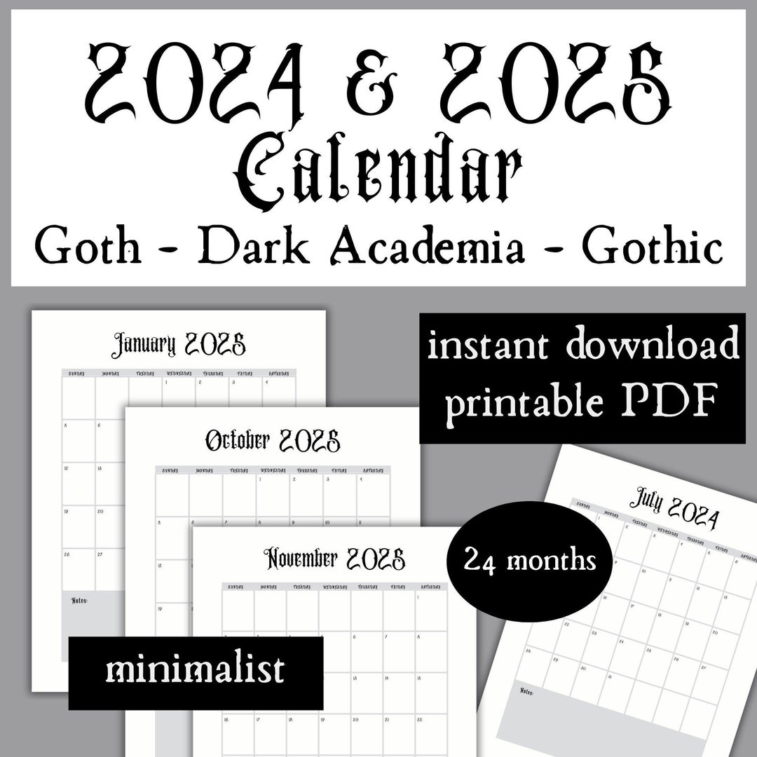 Gothic 2024 2025 Calendar Printable Download Goth Calendar Planner Dark Academia Planner Vertical Planner Monthly Calendar For 2025 Etsy