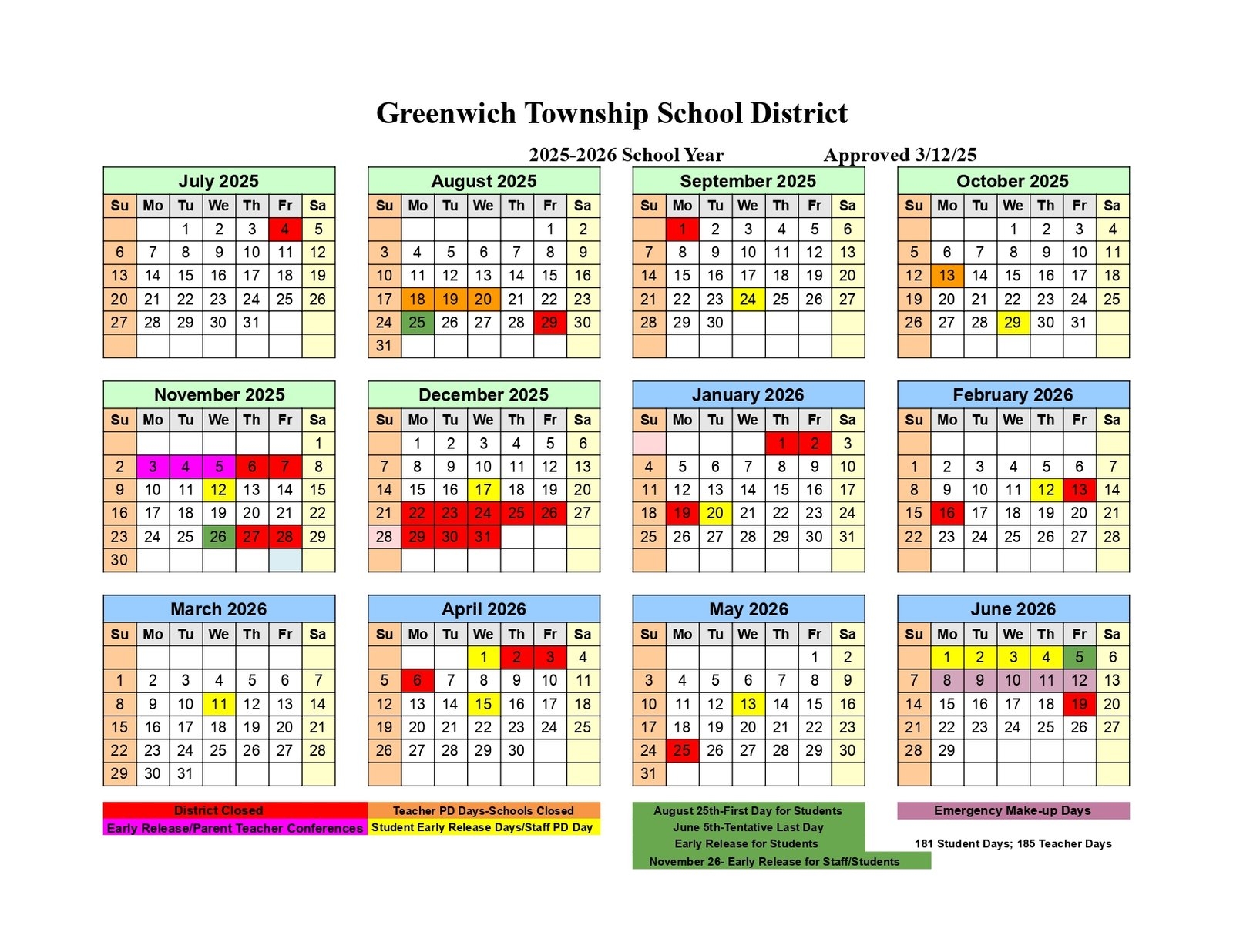 Greenwich Township School District Calendar 25 26 Revised PDF EduCounty