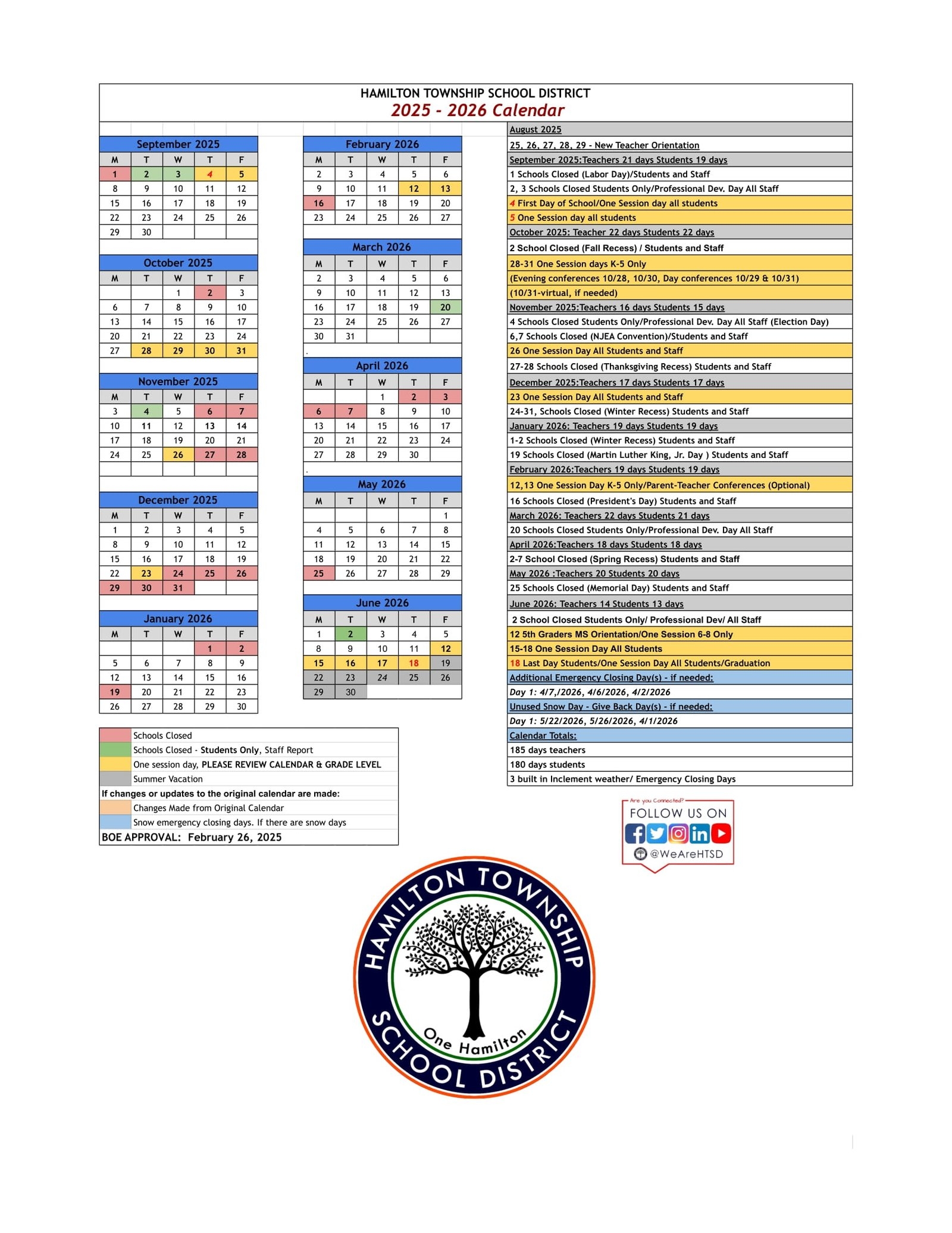 Hamilton Township School District Calendar 25 26 Revised PDF EduCounty