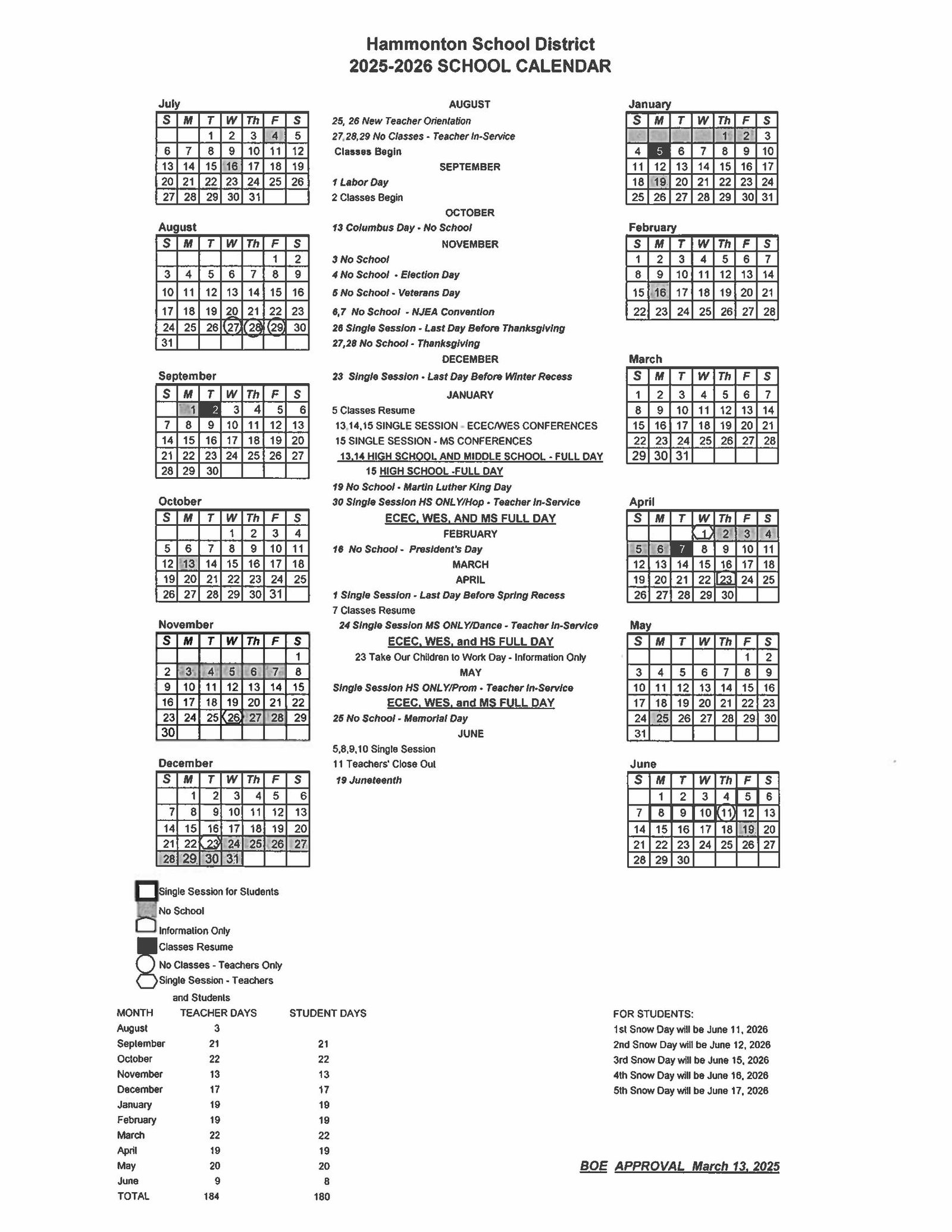 Hammonton Public Schools Calendar 25 26 Revised PDF EduCounty