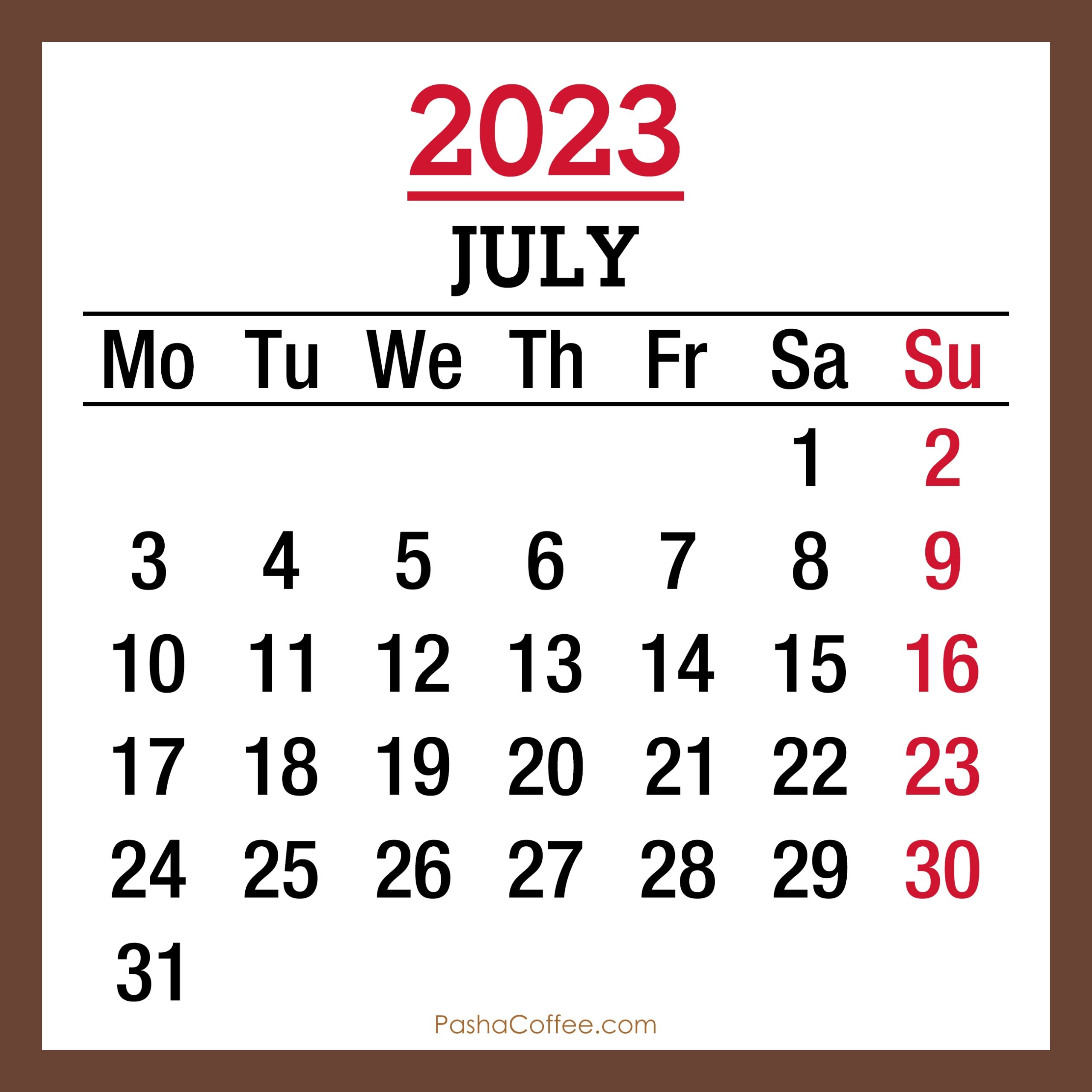 July 2023 Monthly Calendar Printable Free Brown Monday Start PashaCoffee