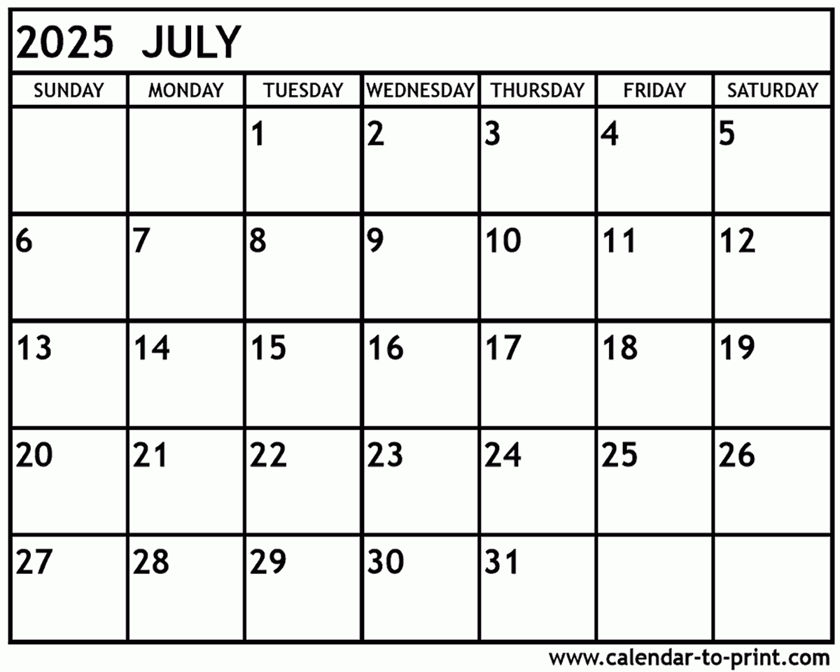 Calendar July 2025 Holidays