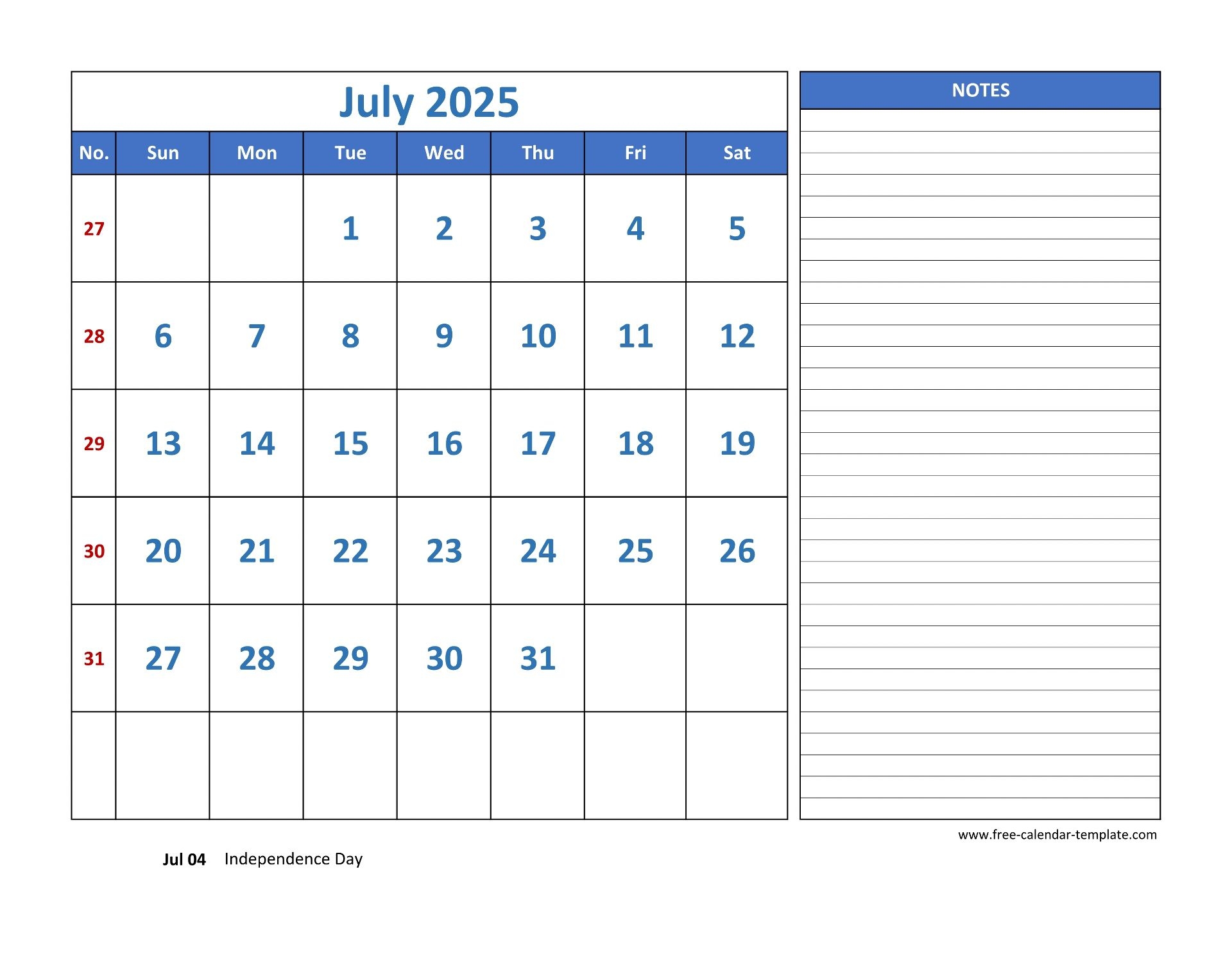 Free Printable July 2025 Calendar Word
