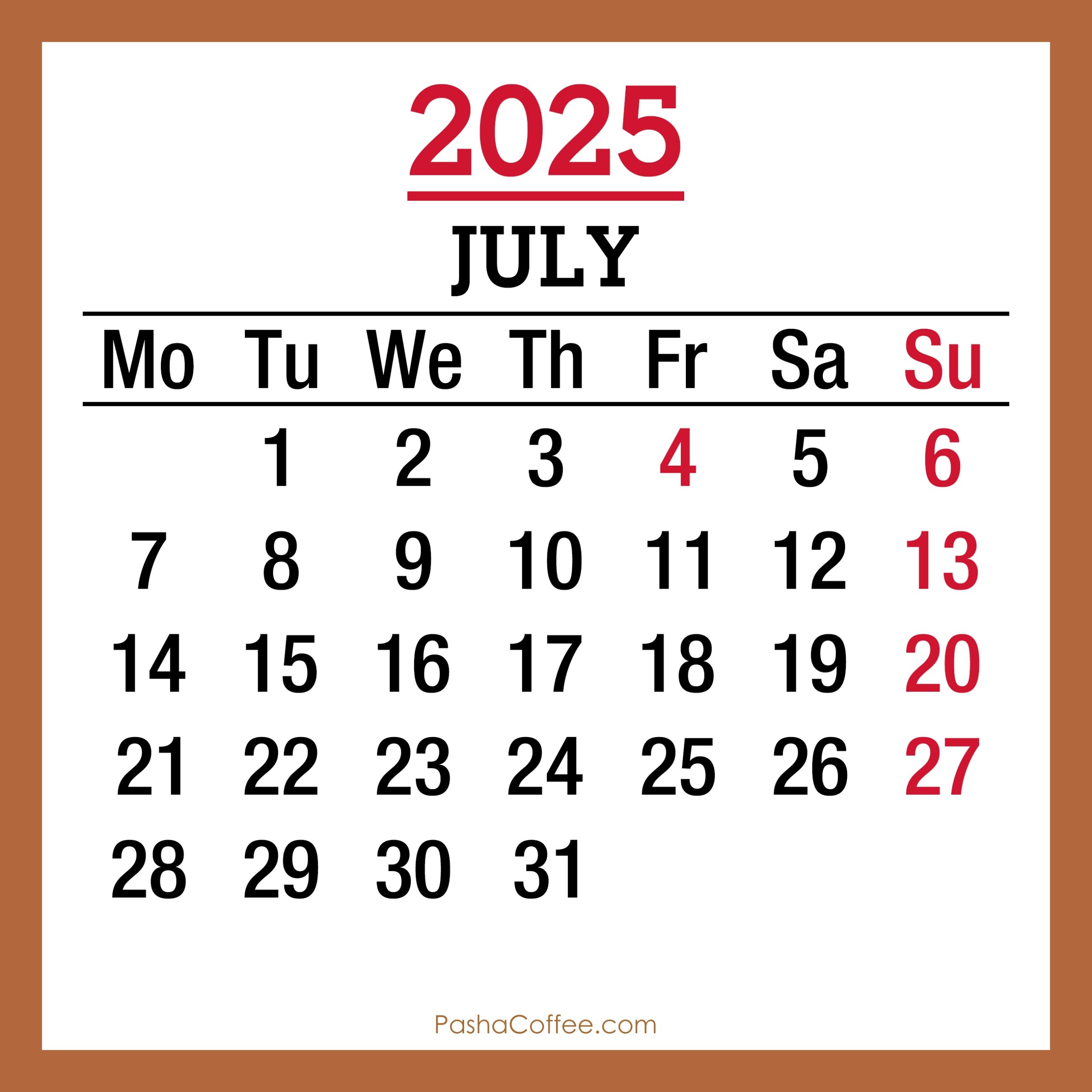 Calendar July 2025 Holiday