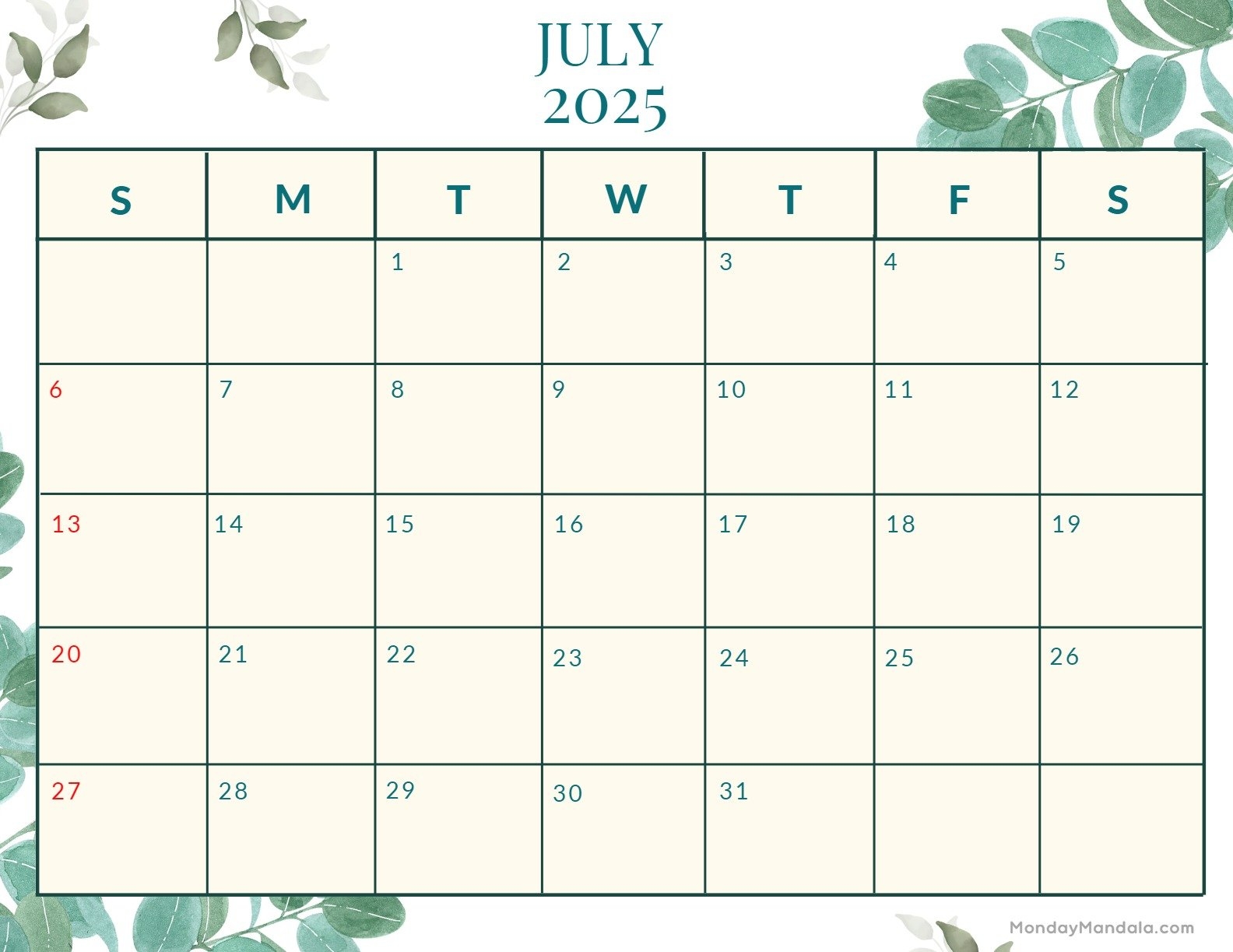 July 2025 Printable Calendar 52 Free PDF Printables 