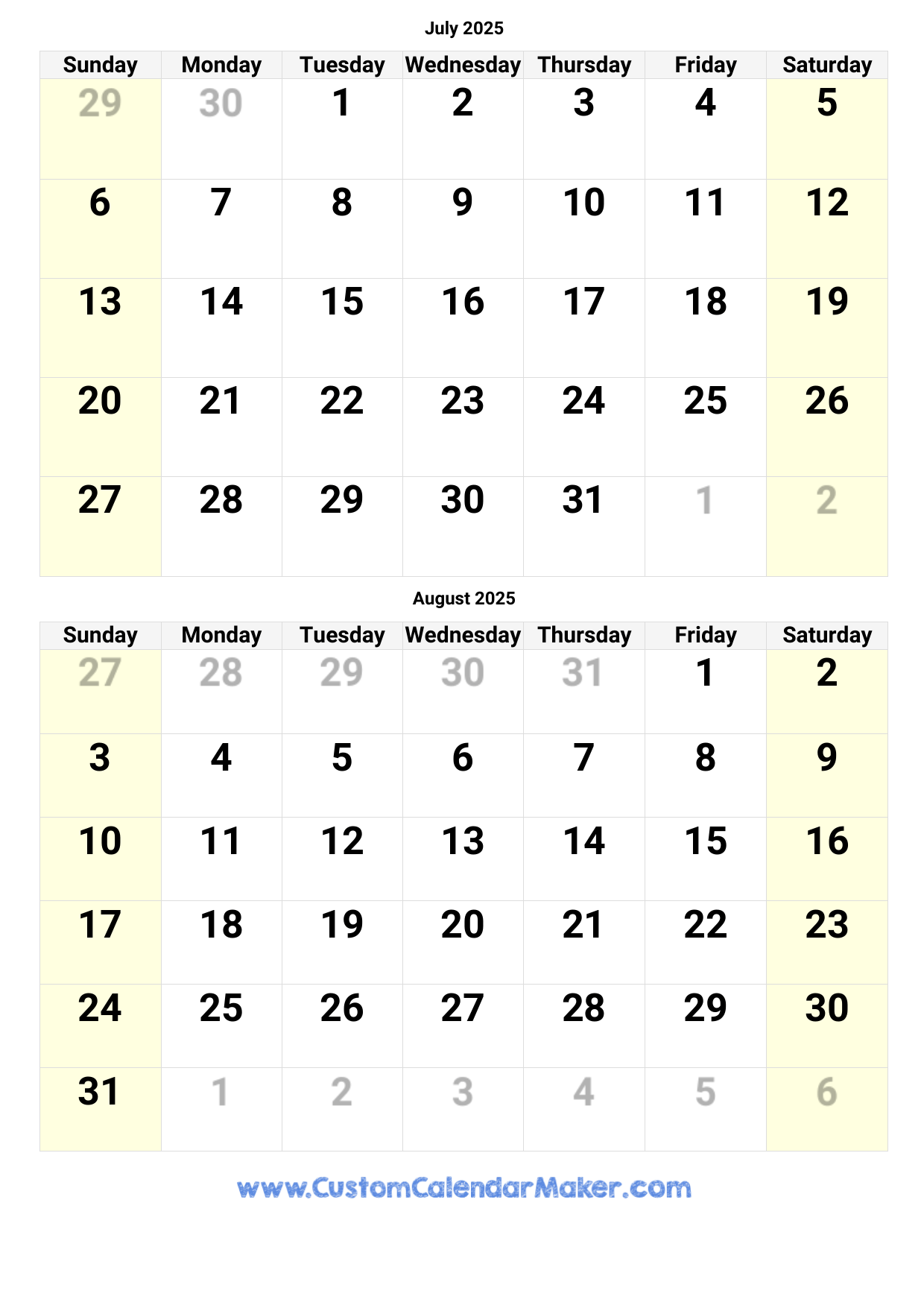 Printable Calendar For July And August 2025
