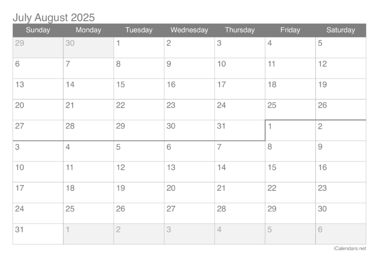 July And August 2025 Printable Calendar