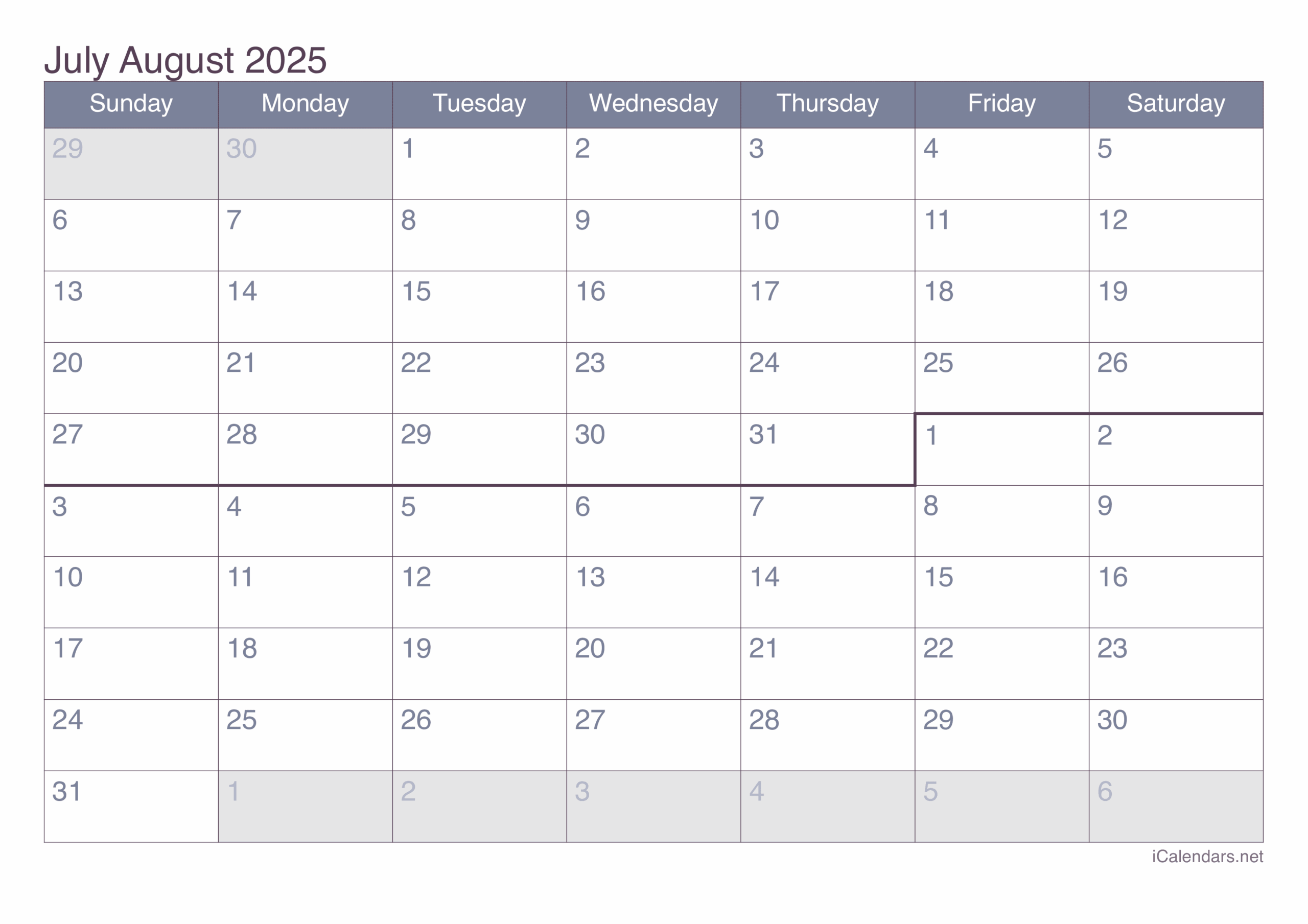 July And August 2025 Printable Calendar July And August 2025 Printable Calendar