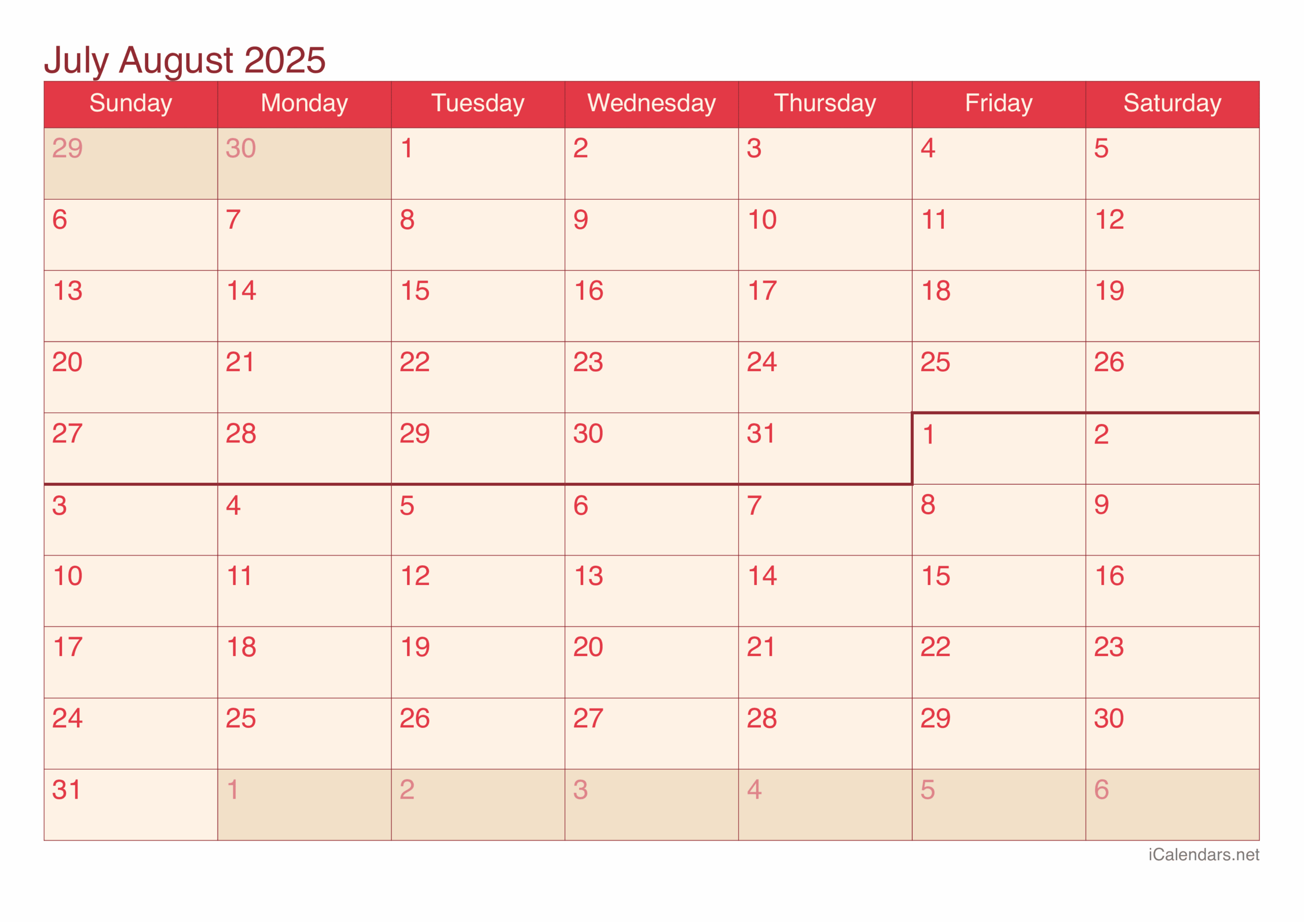 July And August 2025 Printable Calendar July And August 2025 Printable Calendar