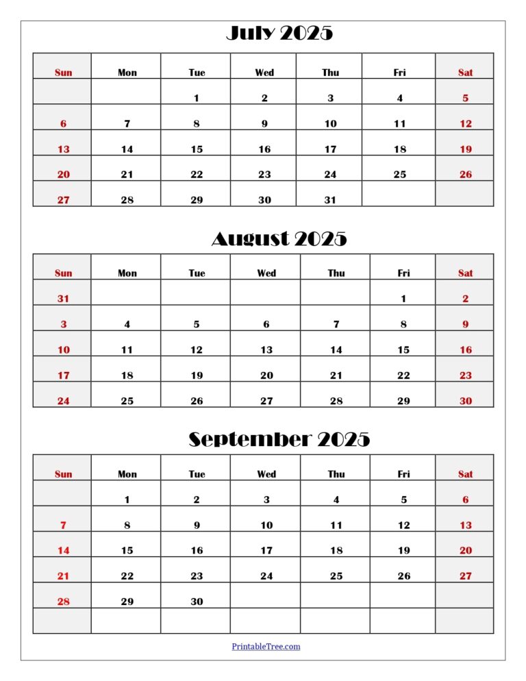 July To September 2025 Calendar Printable PDF Three Months Calendar
