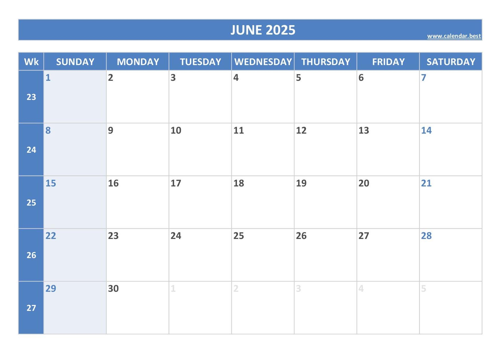 Blank Monthly Calendar June 2025