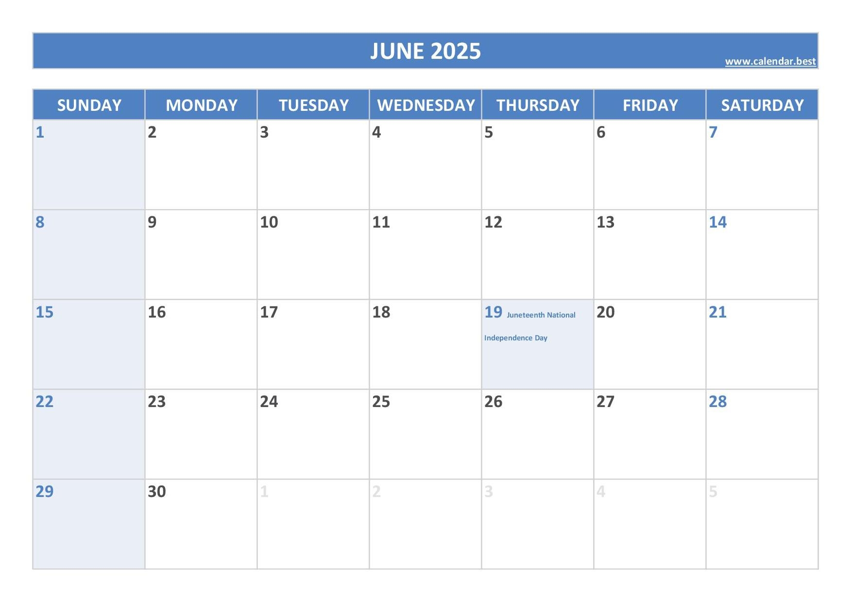 June 2025 Calendar With Holidays Printable
