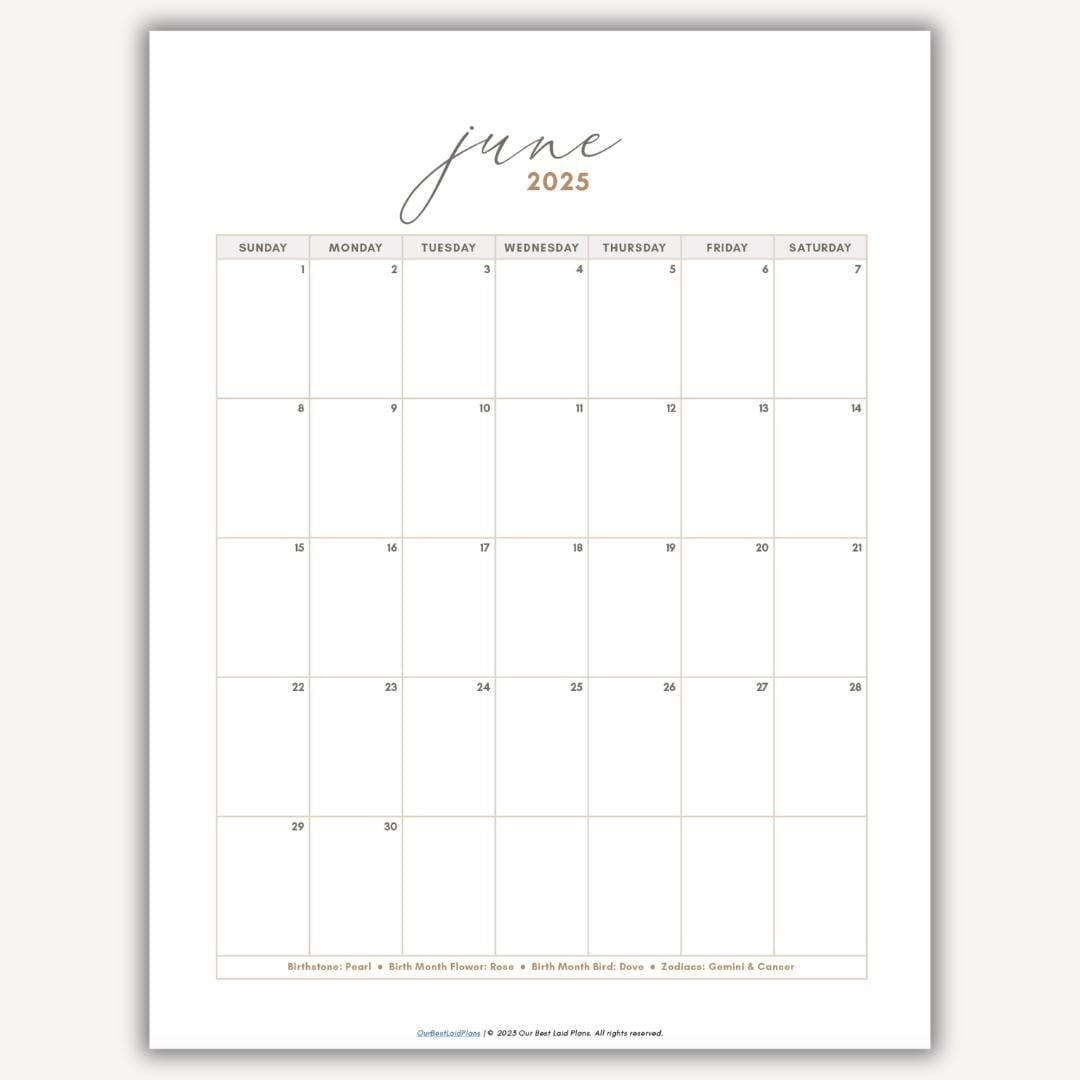 June 2025 Calendar Printable Download June 2025 Printable PDF June 