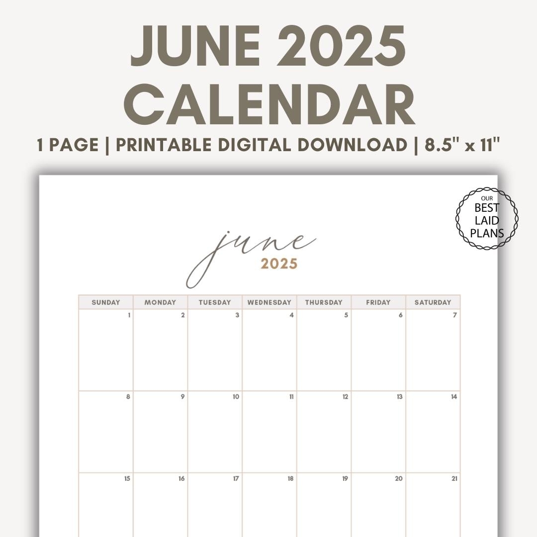 June 2025 Calendar Printable Download June 2025 Printable PDF June Calendar 2025 Portrait Blank Minimalist Wall Calendar June Month 2025 Etsy