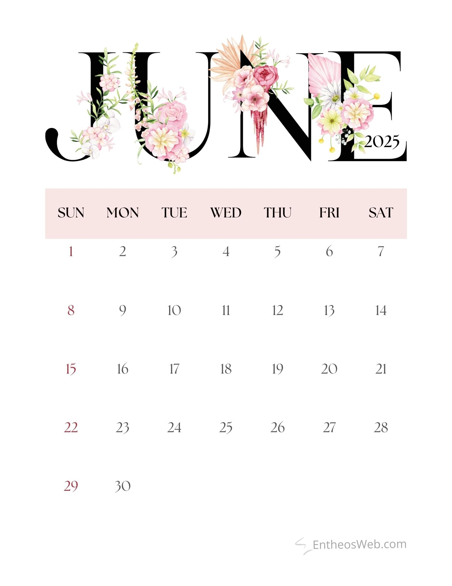 Calendar June 2025 Heart