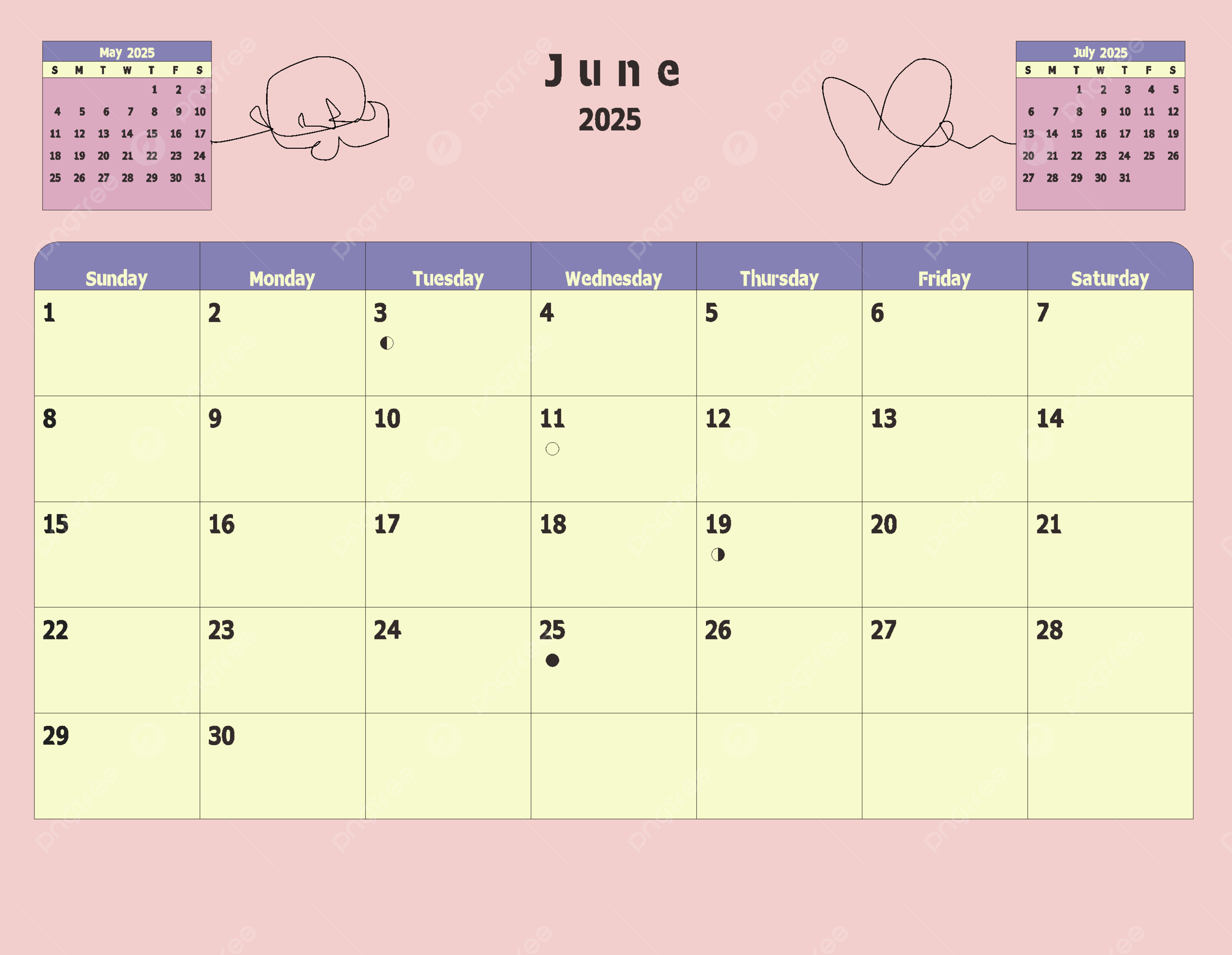 June 2025 Calendar Template In Gentle Purple With Abstract 