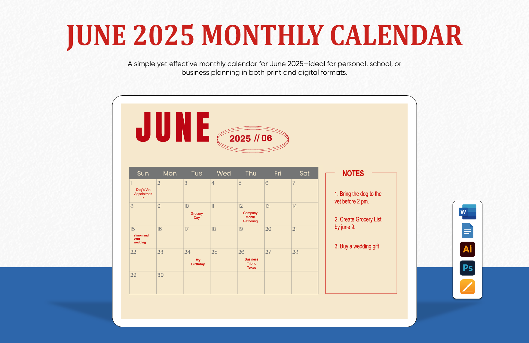 June 2025 Calendar Template With Moon Phases In PSD Illustrator 