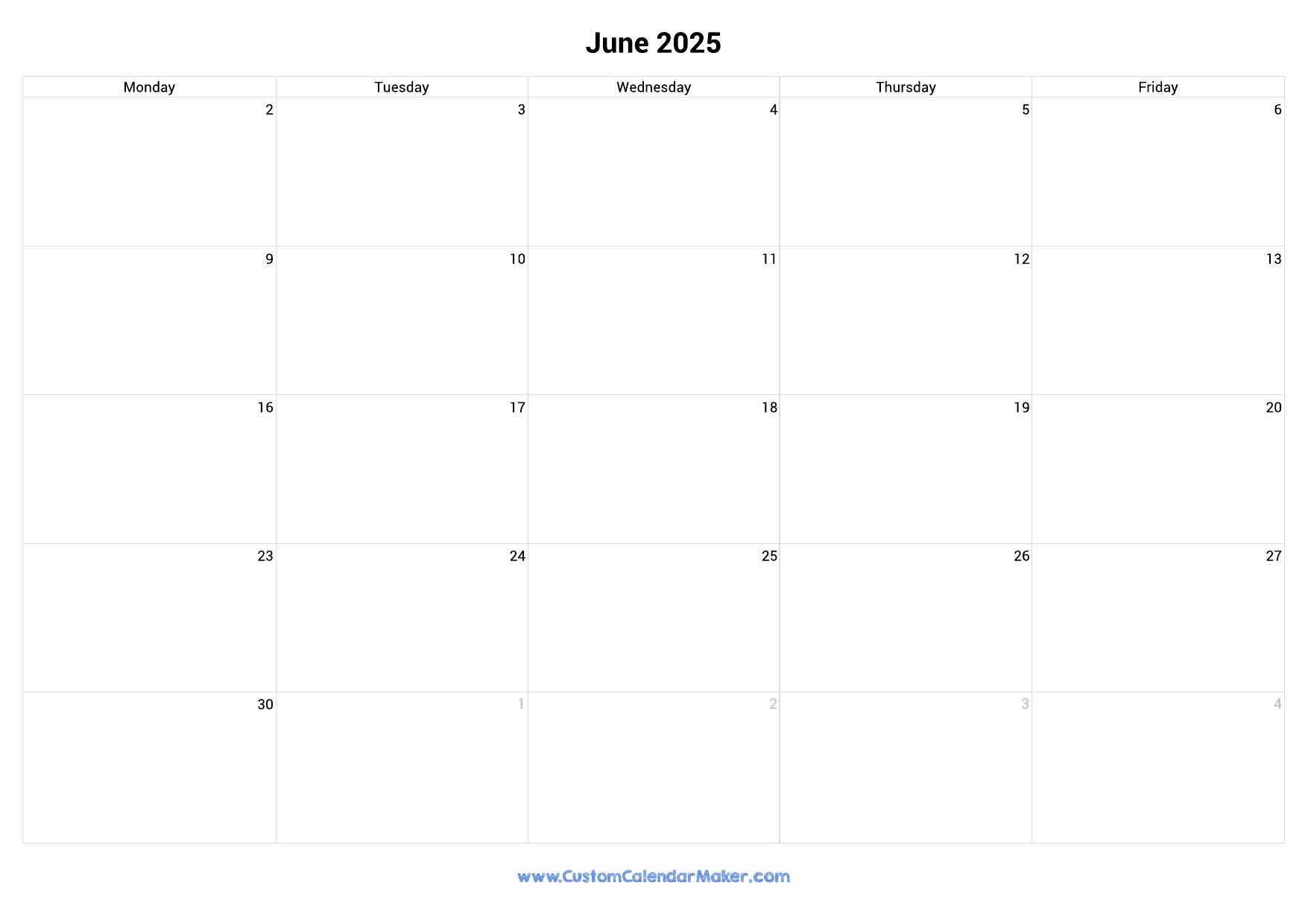 June 2025 Calendar Weekdays Only Monday To Friday Custom Calendar Maker