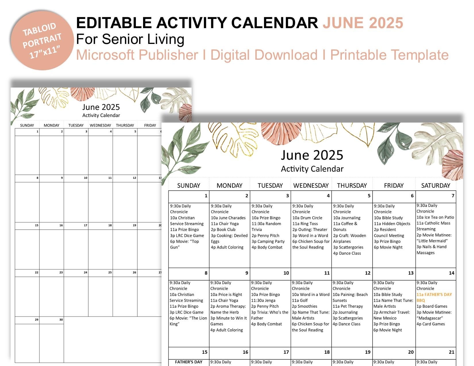 June 2025 Editable Monthly Activities Calendar For Senior Living Tabloid Size 17