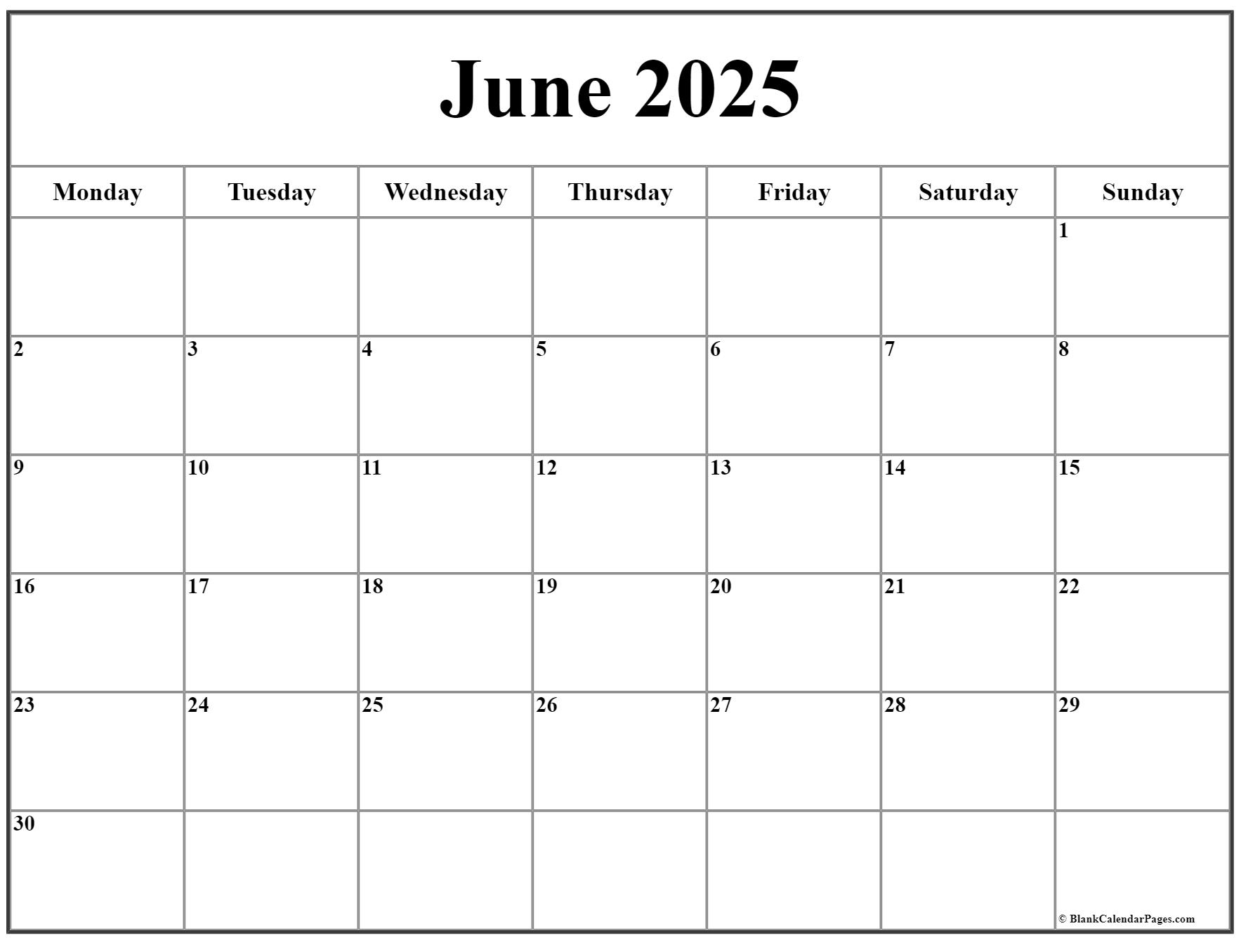 June 2025 Monday Calendar Monday To Sunday