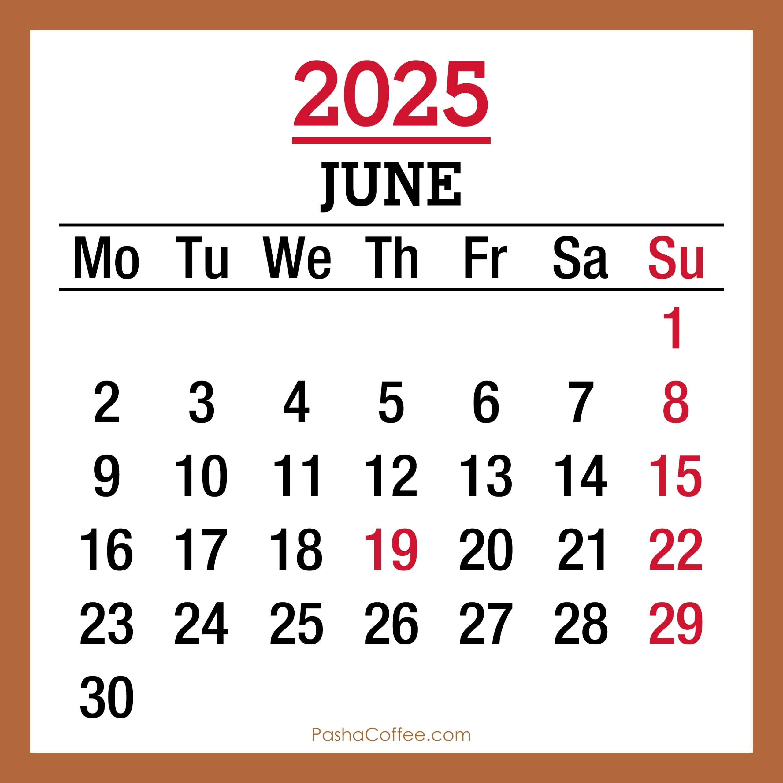 June 2025 Monthly Calendar With Holidays Printable Free Beige Monday Start PashaCoffee