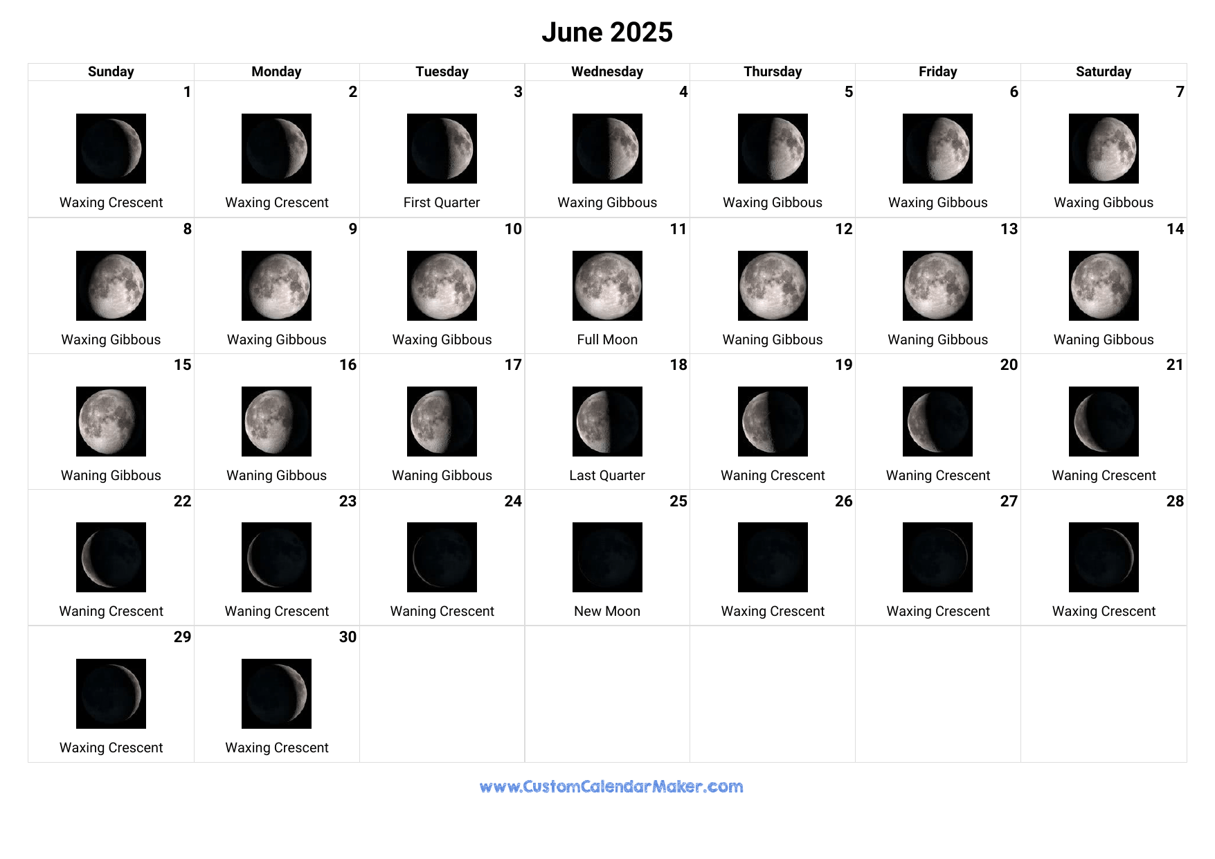 June 2025 Moon Calendar