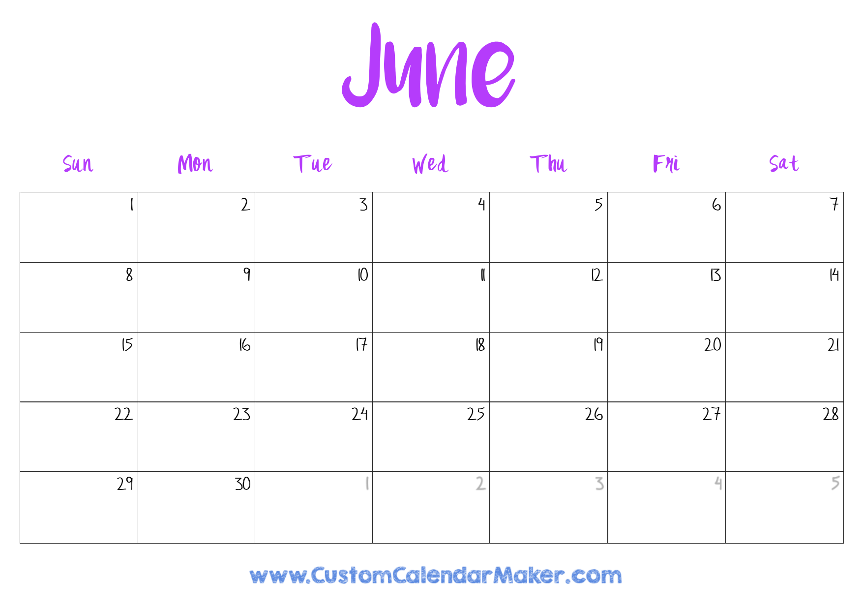Blank Calendar June 2025 Editable