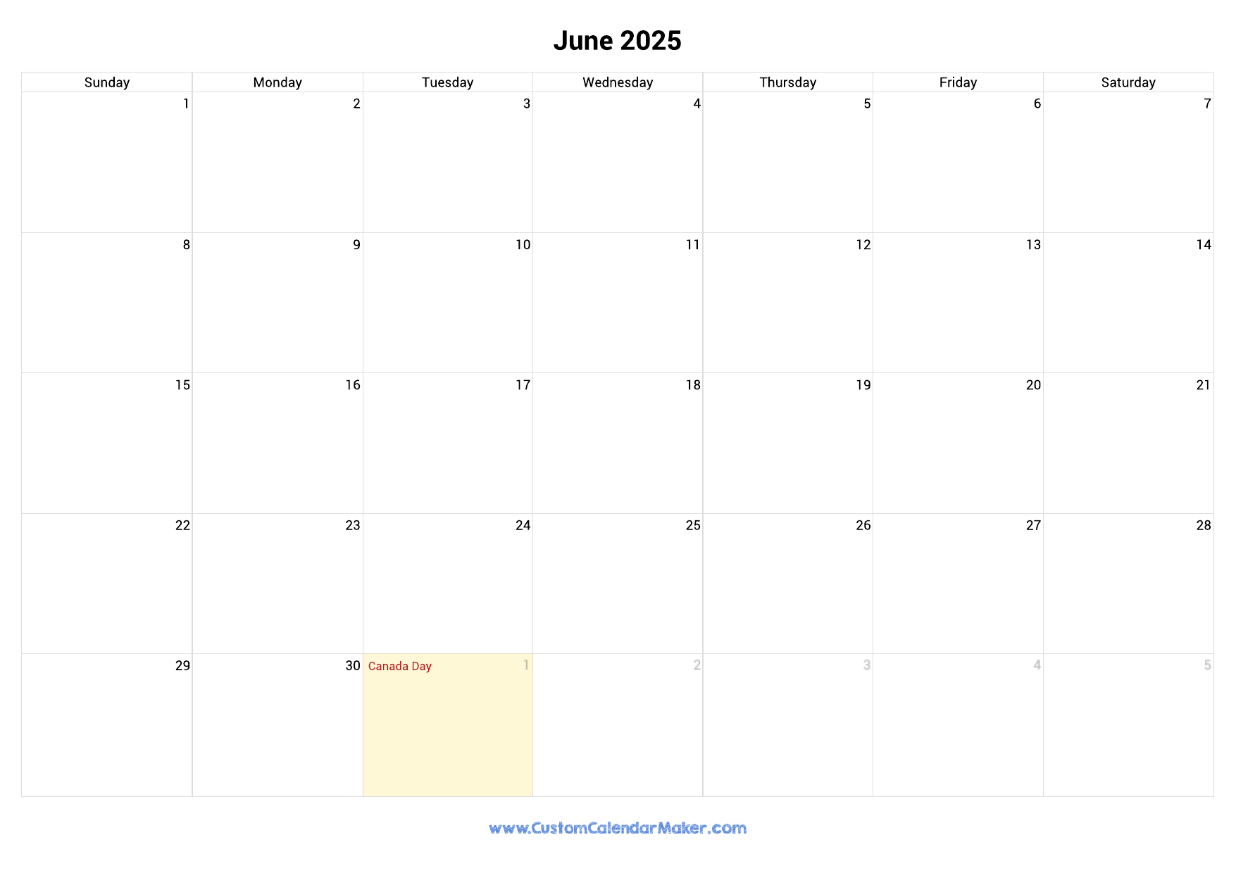 June 2025 Printable Calendar With Canadian Holidays Custom Calendar Maker