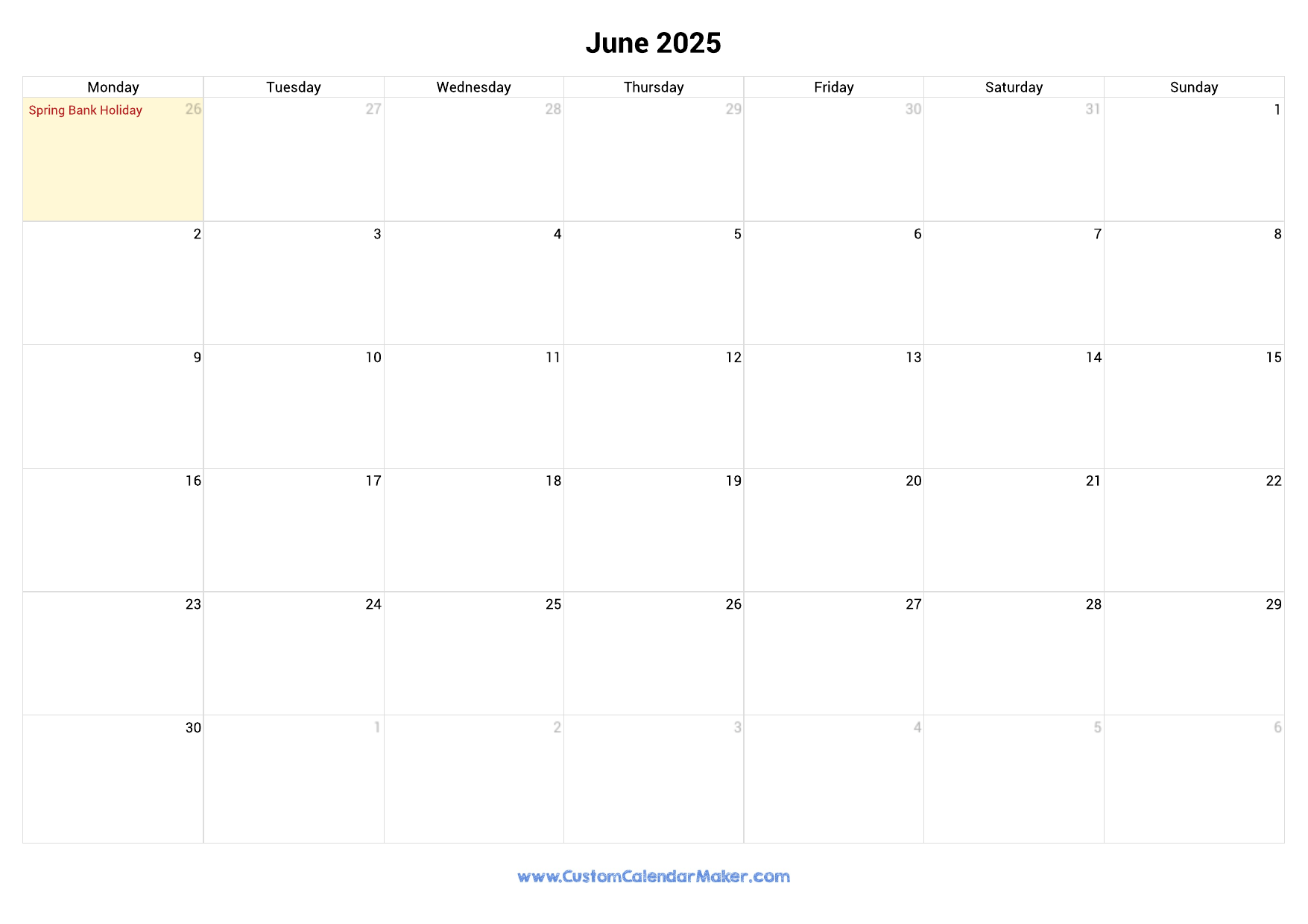 June 2025 Printable Calendar With UK Bank Holidays Custom Calendar Maker