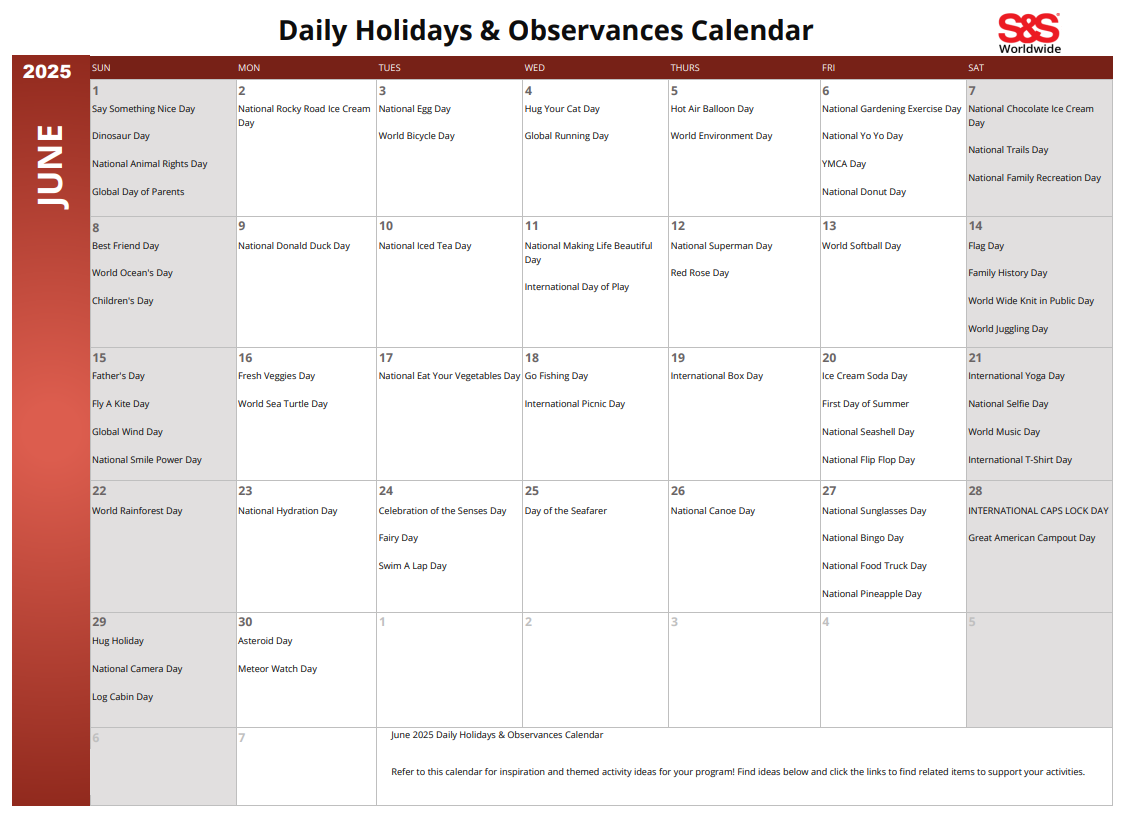 June Daily Holidays U0026 Observances Printable Calendar Su0026S Blog