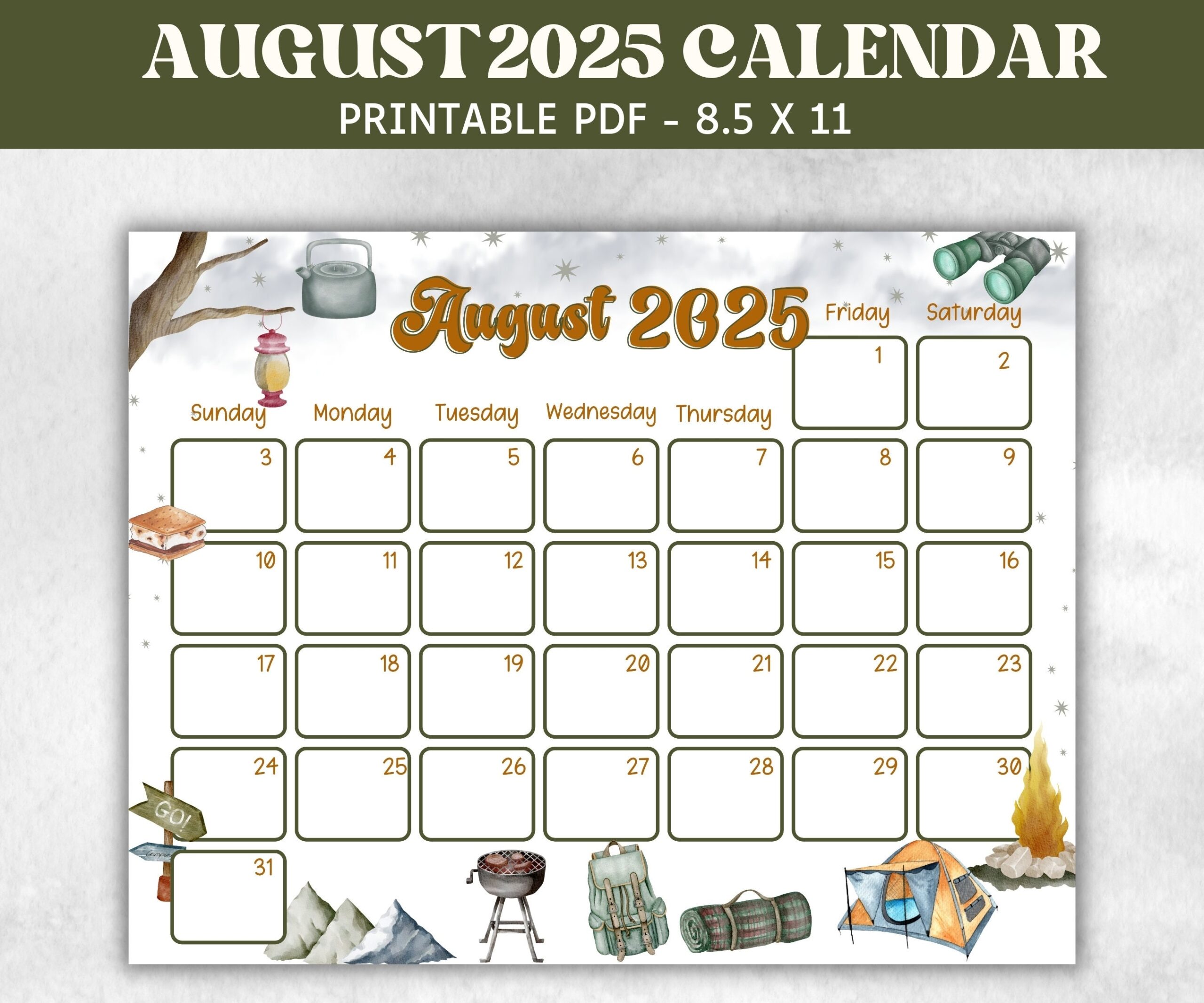 Kids August 2025 Calendar Printable 2025 Calendar Homeschool Preschool Calendar Board Childrens Monthly Planner Camping Calendar Etsy