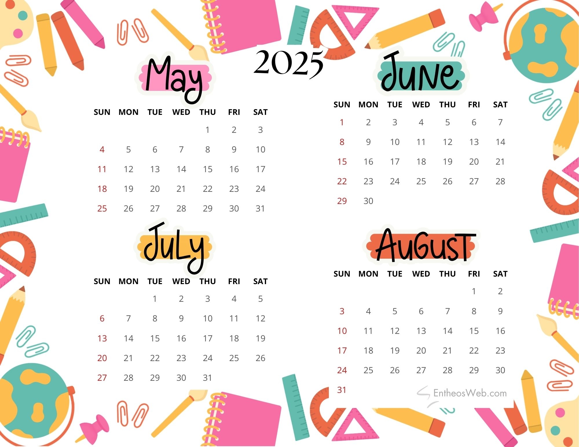 May June July August 4 Month Calendar EntheosWeb