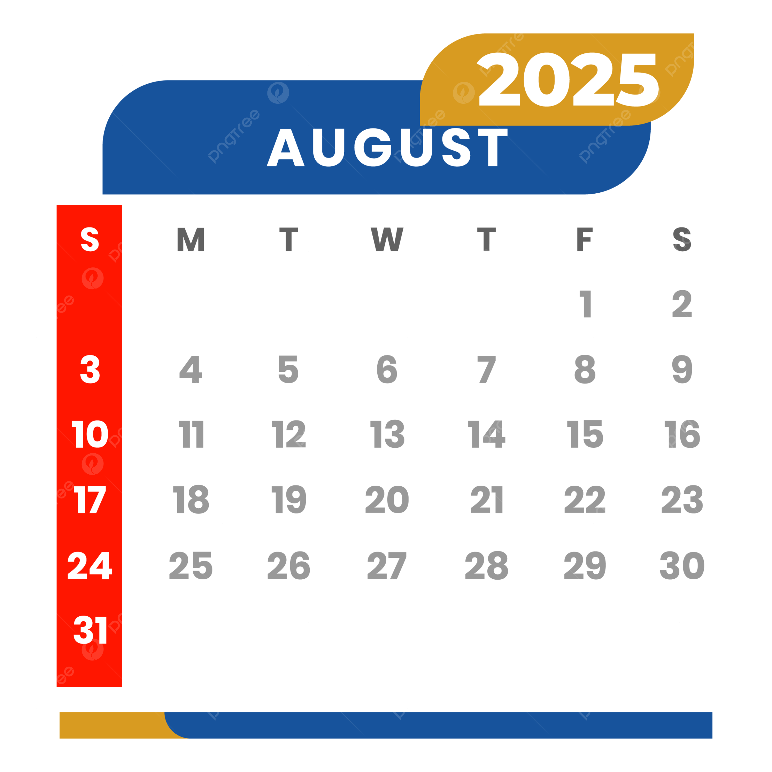 August 2025 Calendar Png Transparent