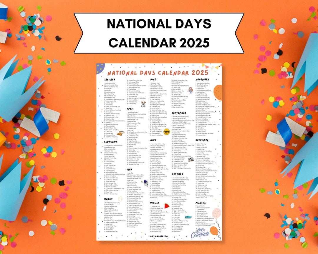 National Days Calendar Printable 2025 National Holidays Calendar Social Media Ideas 365 Days To Celebrate Fun Days Wacky Holidays Etsy